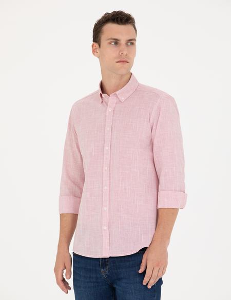 Pembe Slim Fit Keten Görünümlü Gömlek - 50272221015
