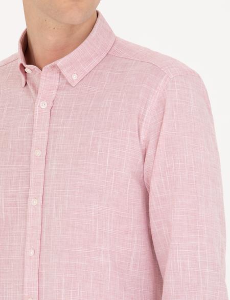 Pembe Slim Fit Keten Görünümlü Gömlek - 50272221015