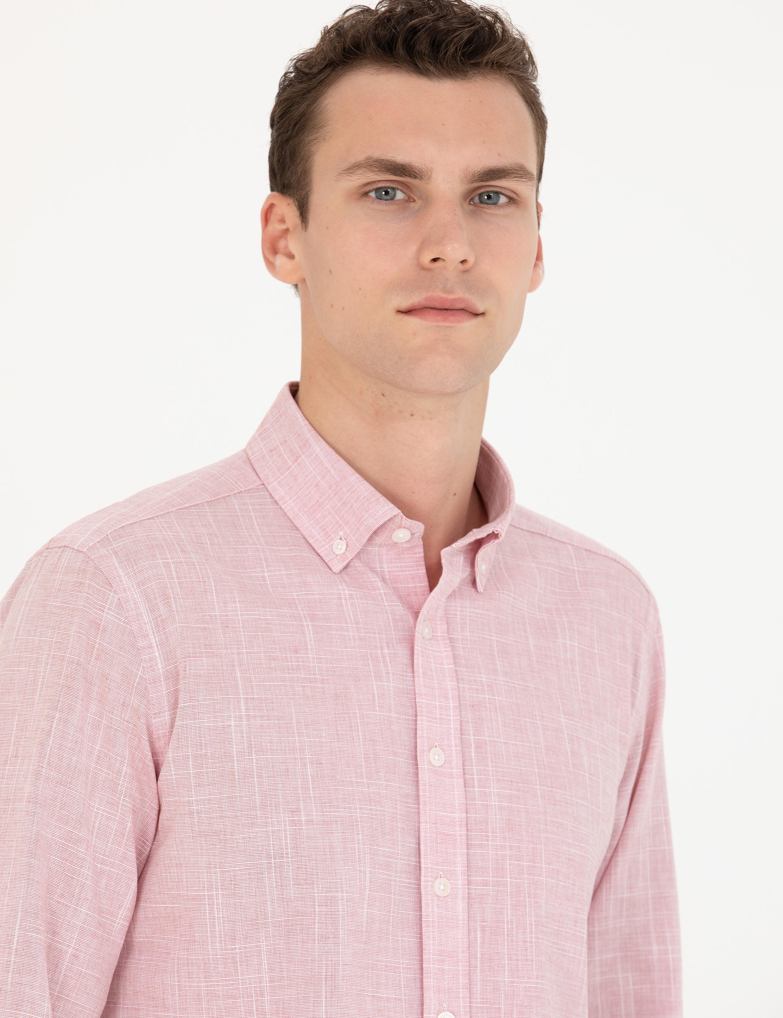 Pembe Slim Fit Keten Görünümlü Gömlek