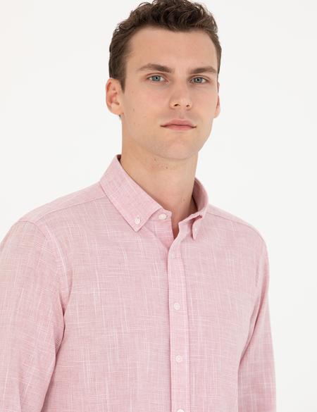 Pembe Slim Fit Keten Görünümlü Gömlek - 50272221010