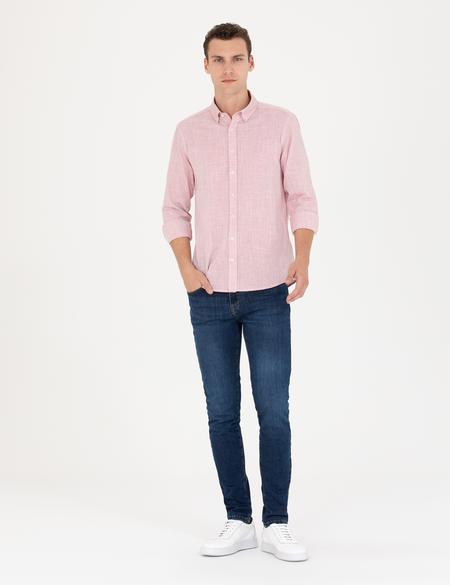 Pembe Slim Fit Keten Görünümlü Gömlek - 50272221015