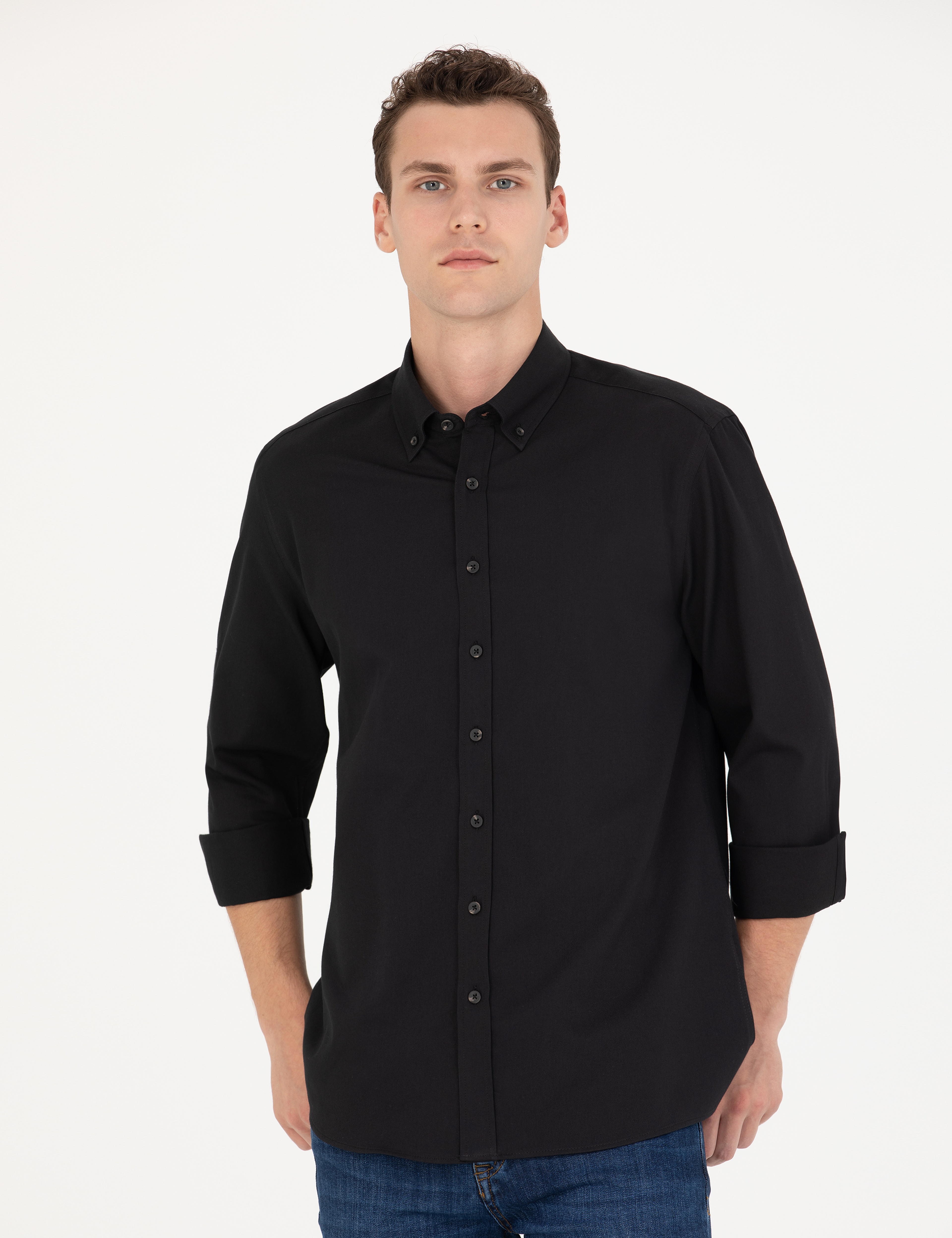 Siyah Regular Fit Uzun Kollu Gömlek - Image 1
