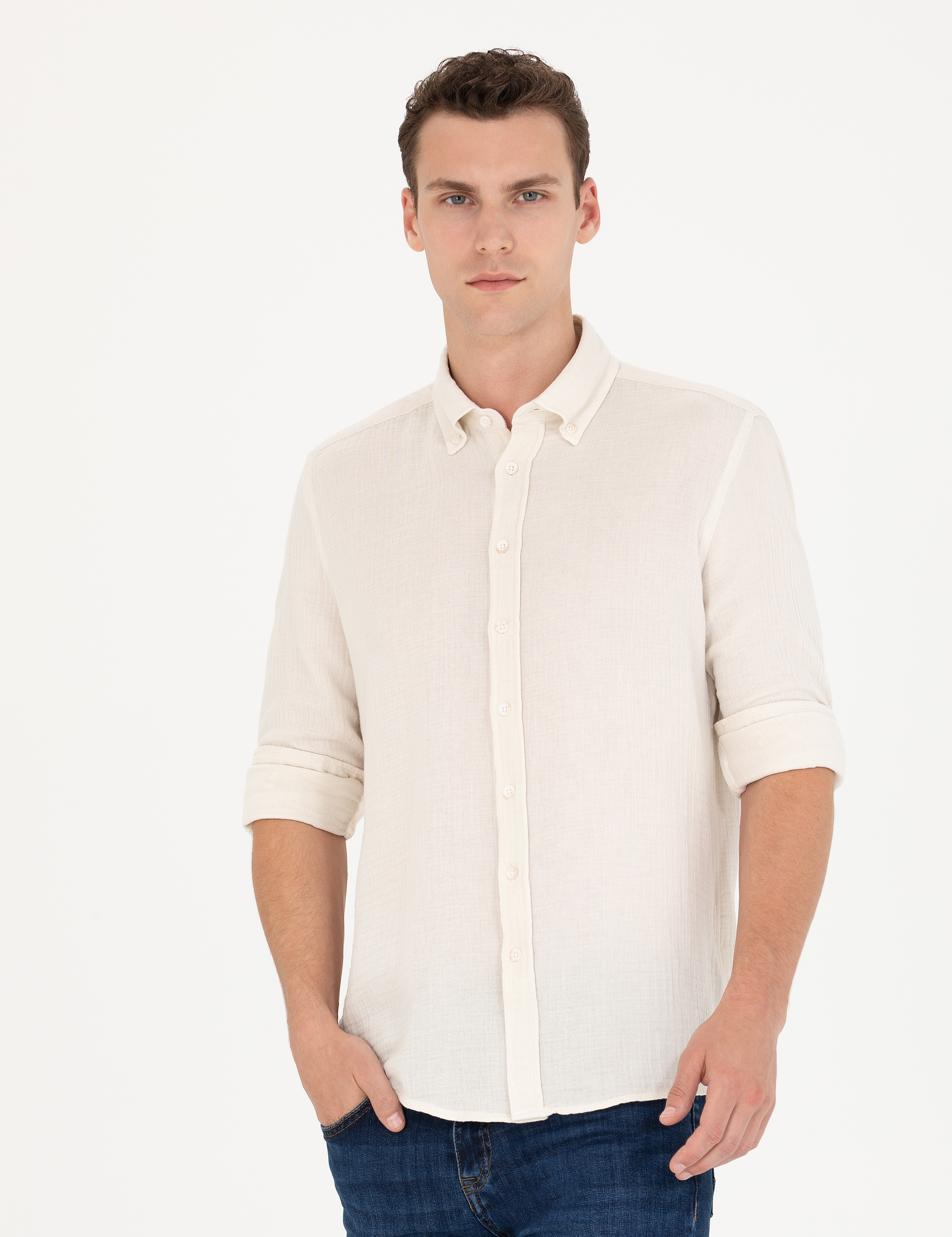Ekru Regular Fit Uzun Kollu Gömlek - Image 3