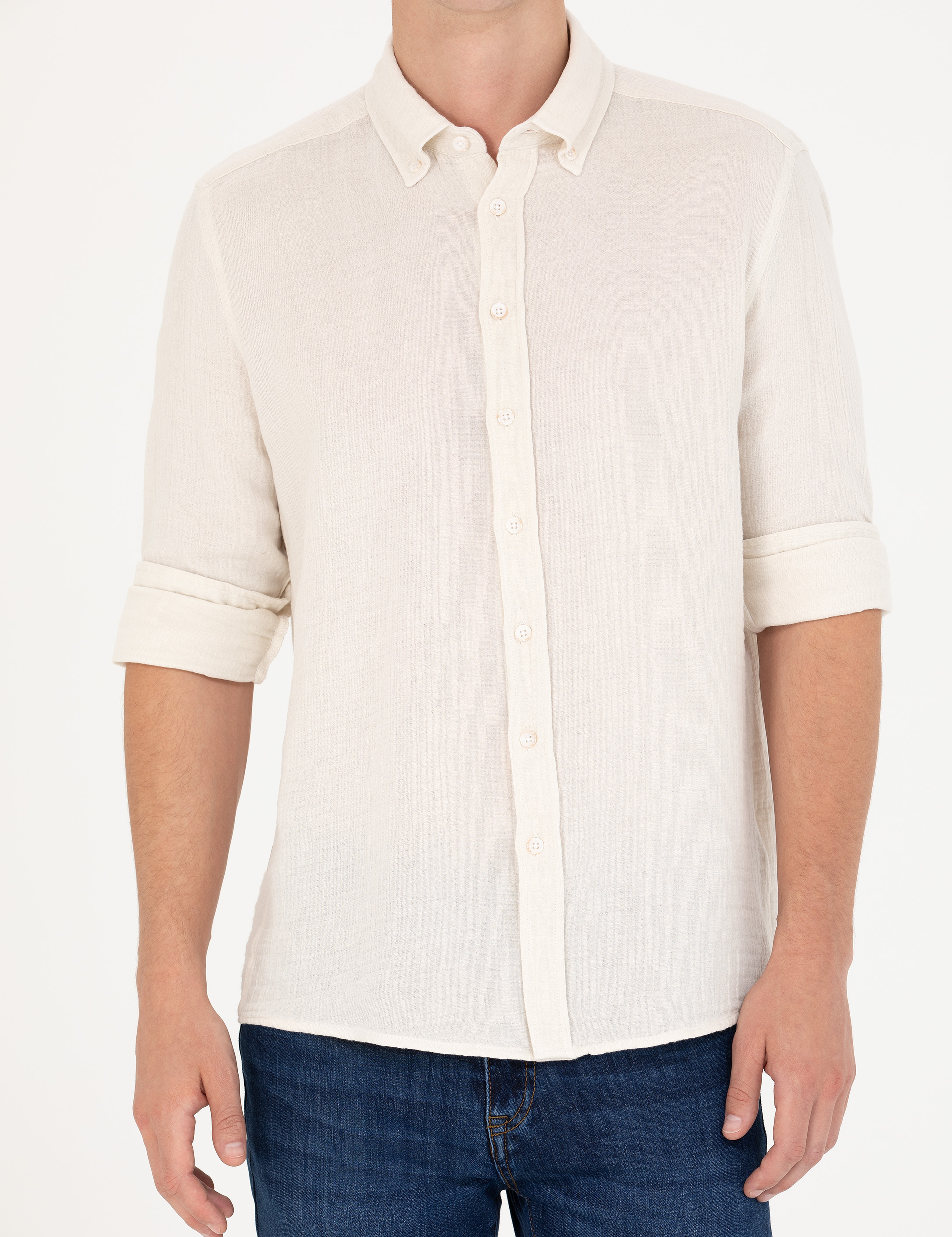 Ekru Regular Fit Uzun Kollu Gömlek - Image 6