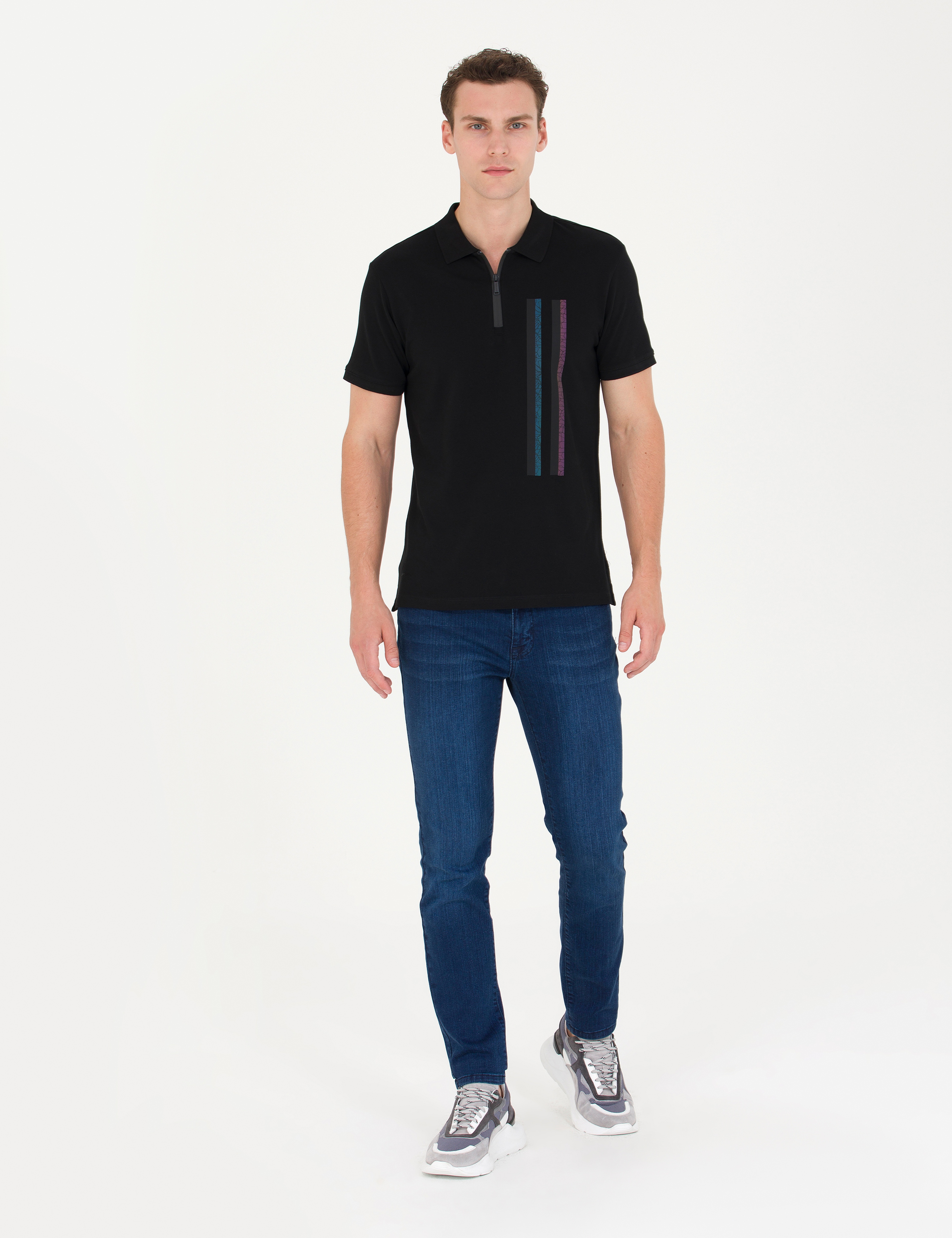 Siyah Slim Fit %100 Pamuk Fermuarlı Polo Yaka Tişört