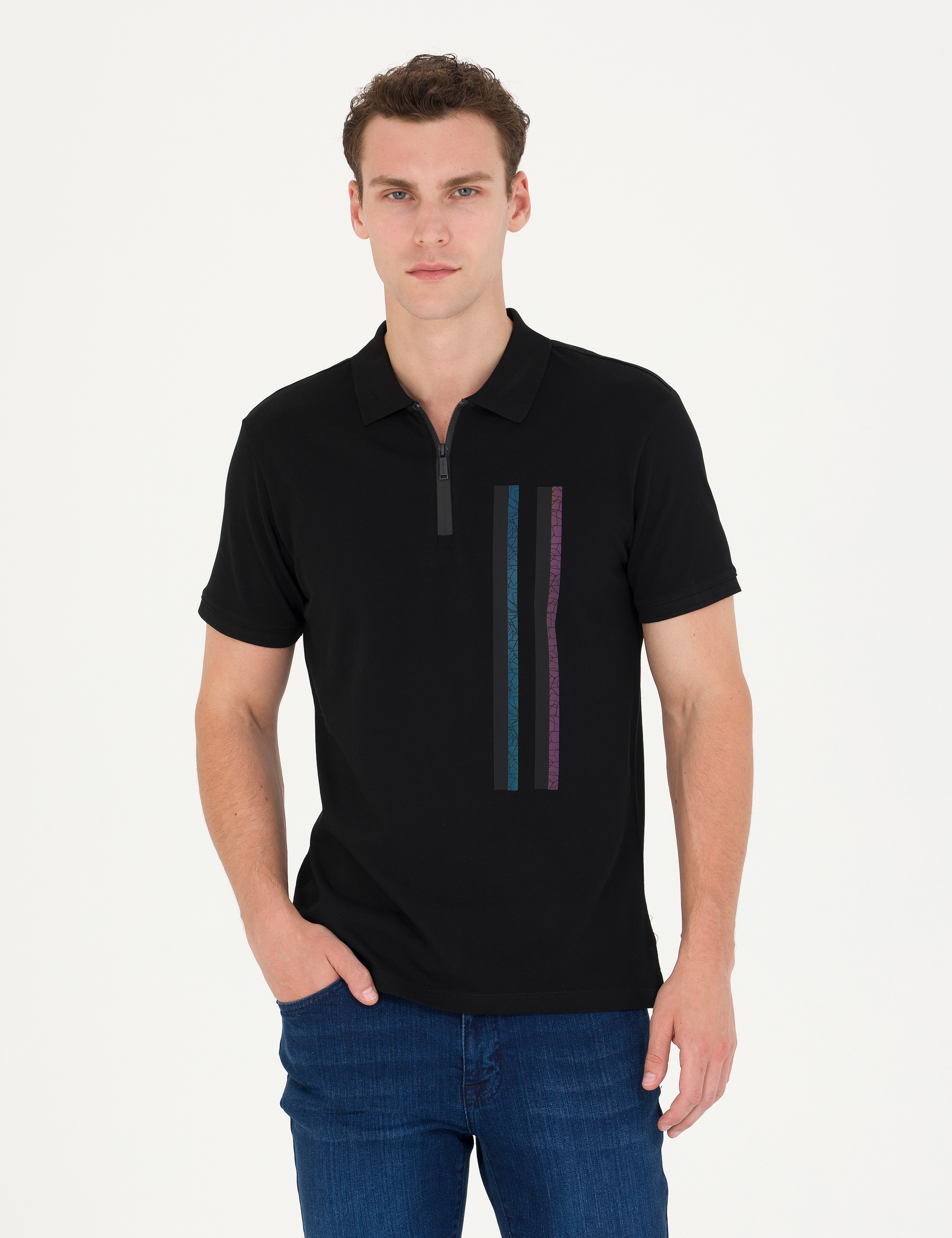 Siyah Slim Fit %100 Pamuk Fermuarlı Polo Yaka Tişört