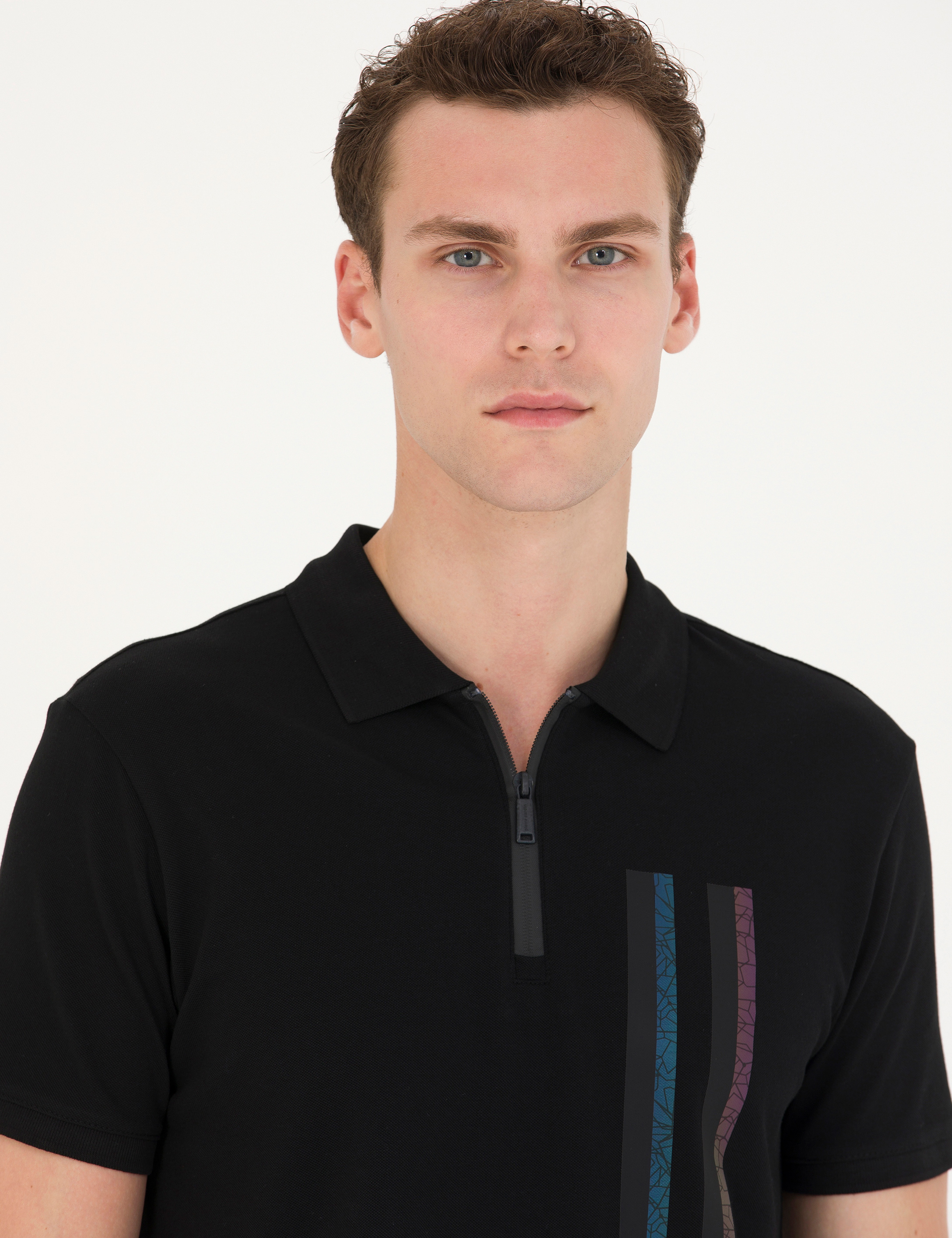 Siyah Slim Fit %100 Pamuk Fermuarlı Polo Yaka Tişört