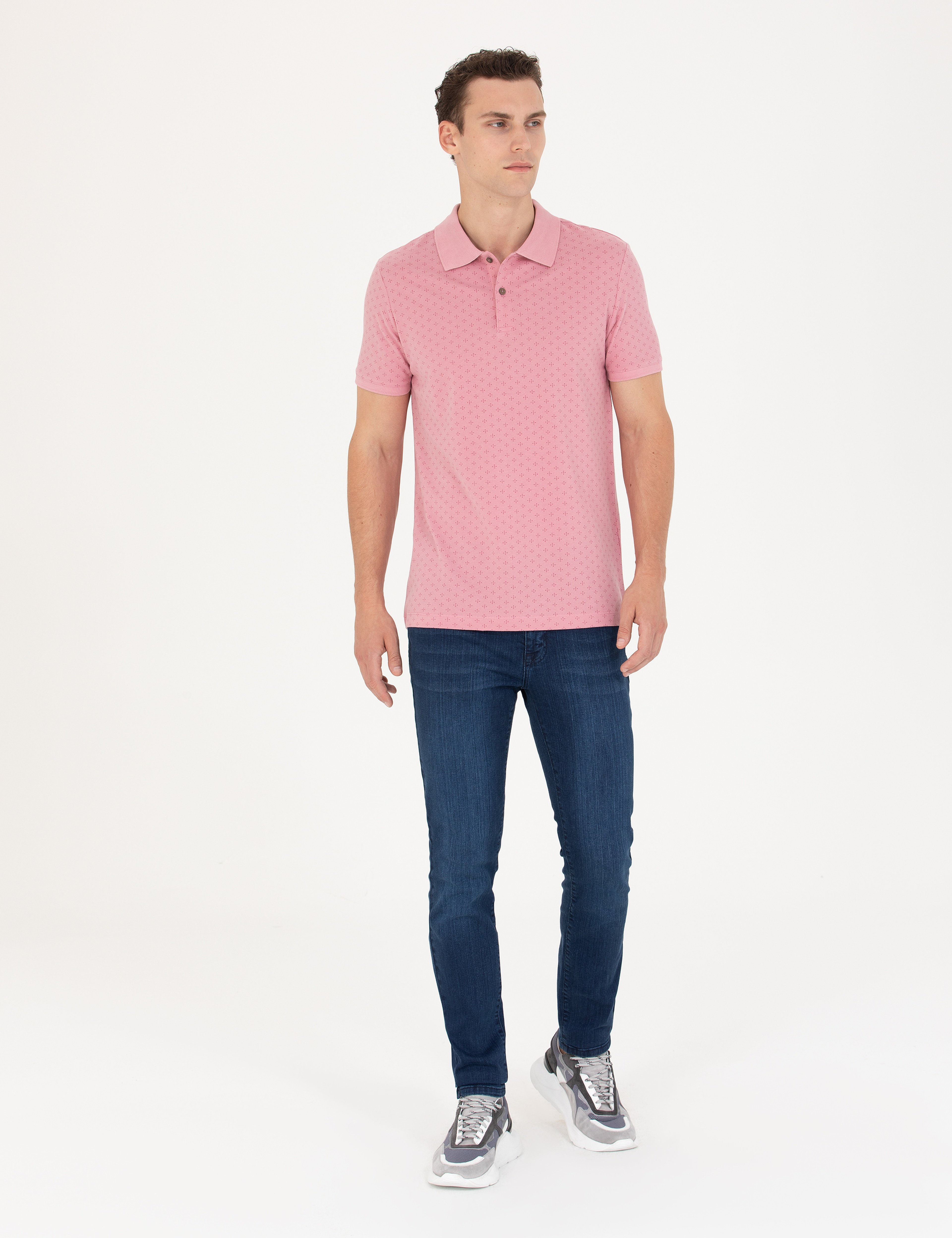 Pembe Slim Fit %100 Pamuk Düğmeli Polo Yaka Tişört - Image 4