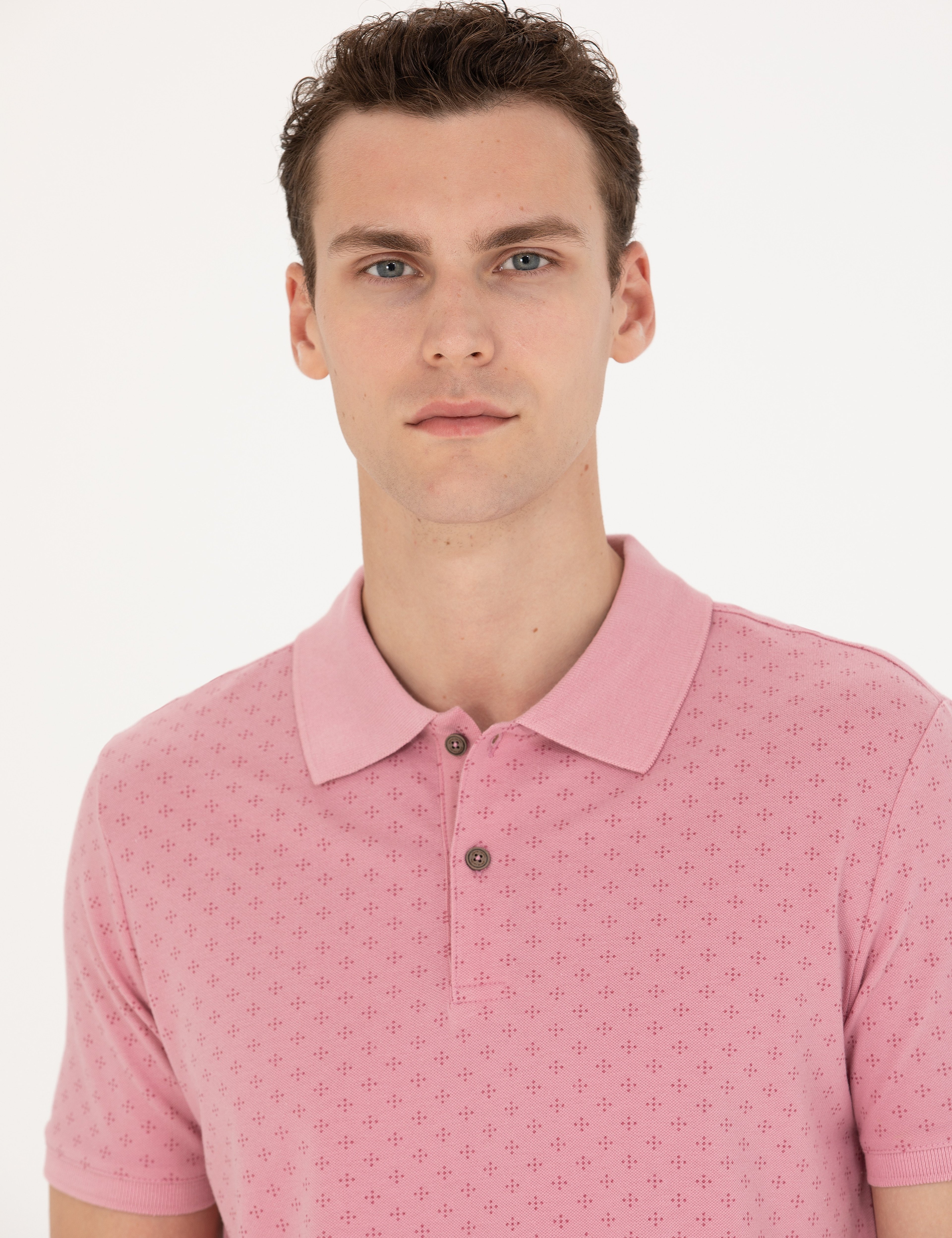 Pembe Slim Fit %100 Pamuk Düğmeli Polo Yaka Tişört