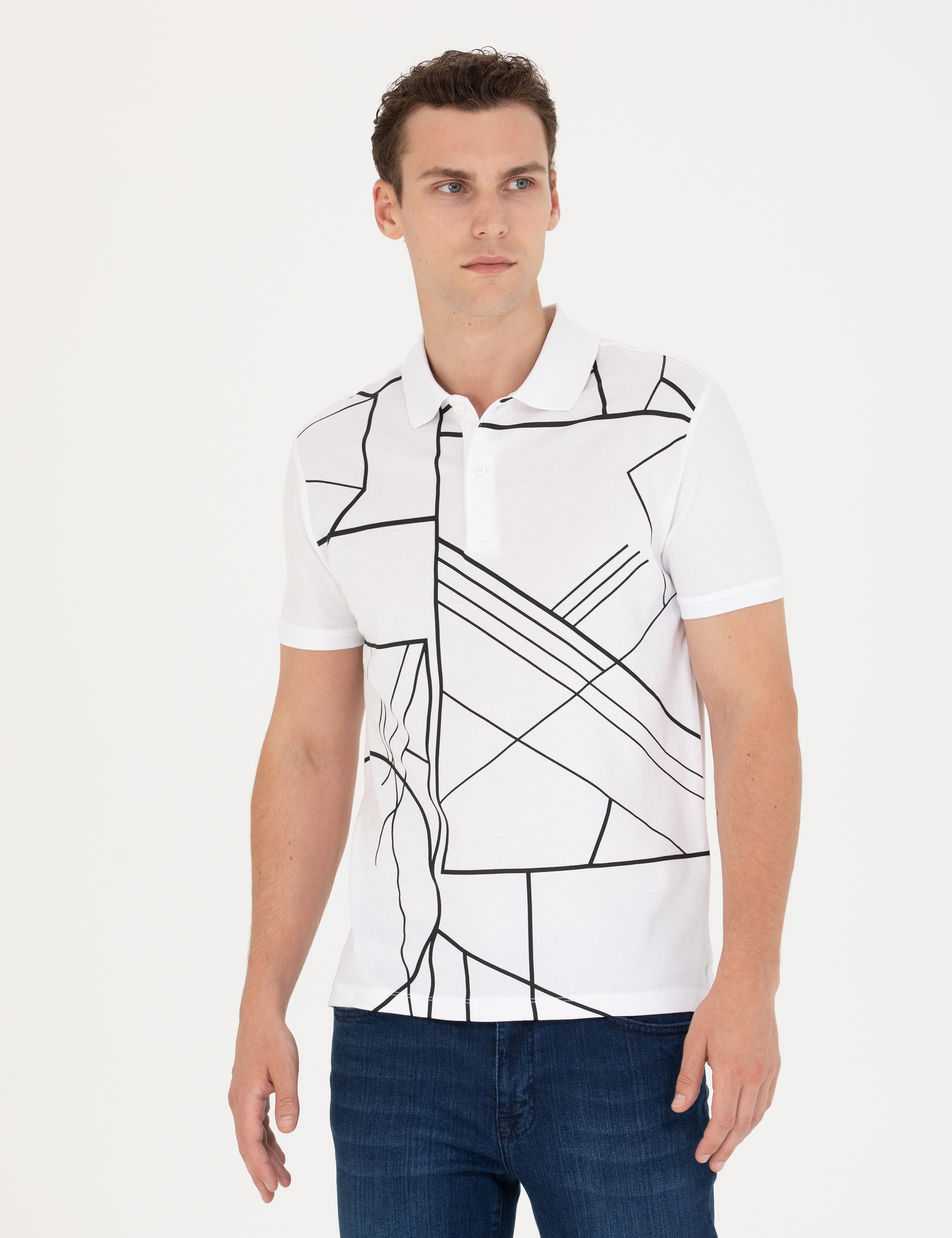 Beyaz Slim Fit Polo Yaka Tişört - Image 3