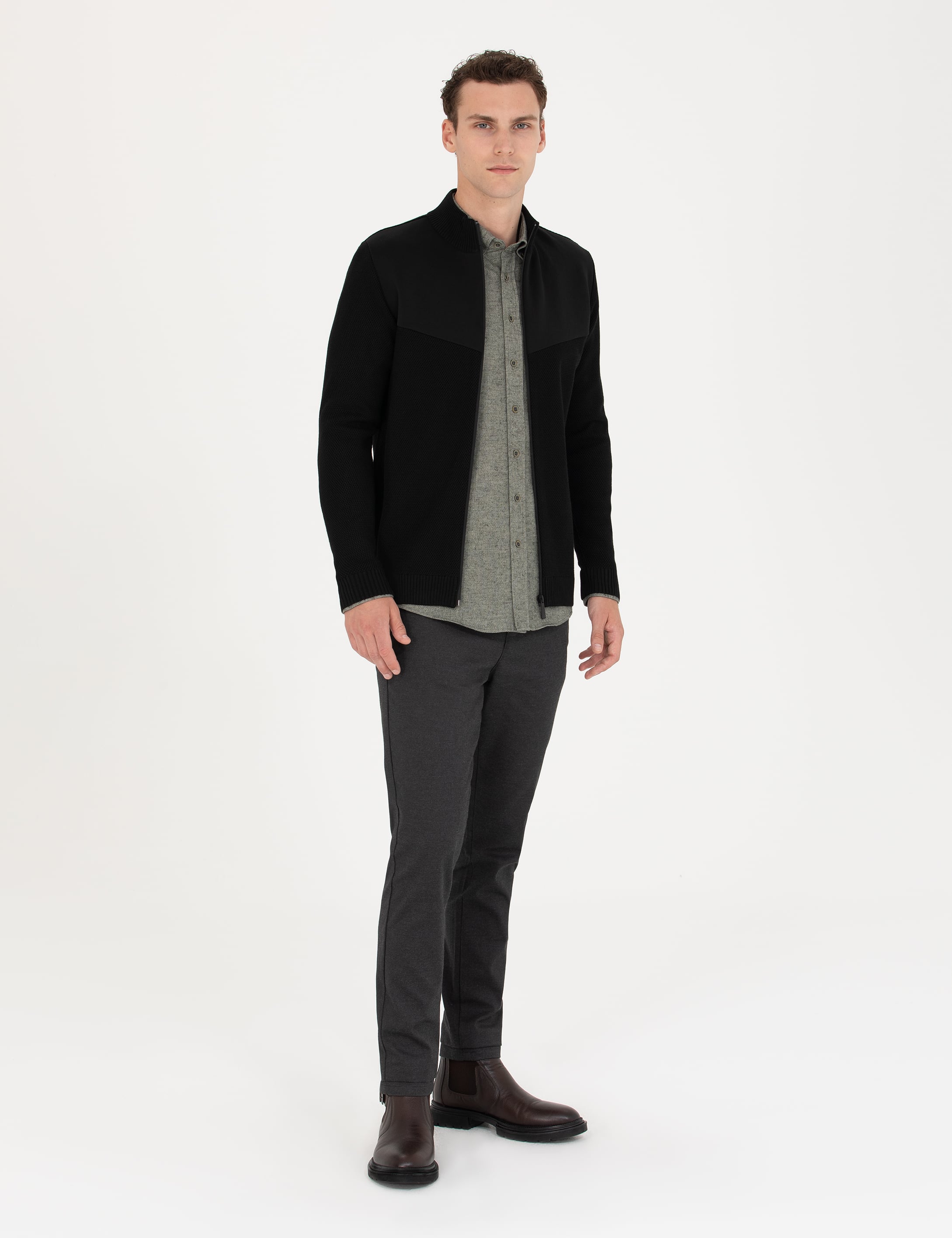 Siyah Slim Fit Yün Karışımlı Fermuarlı Triko Hırka