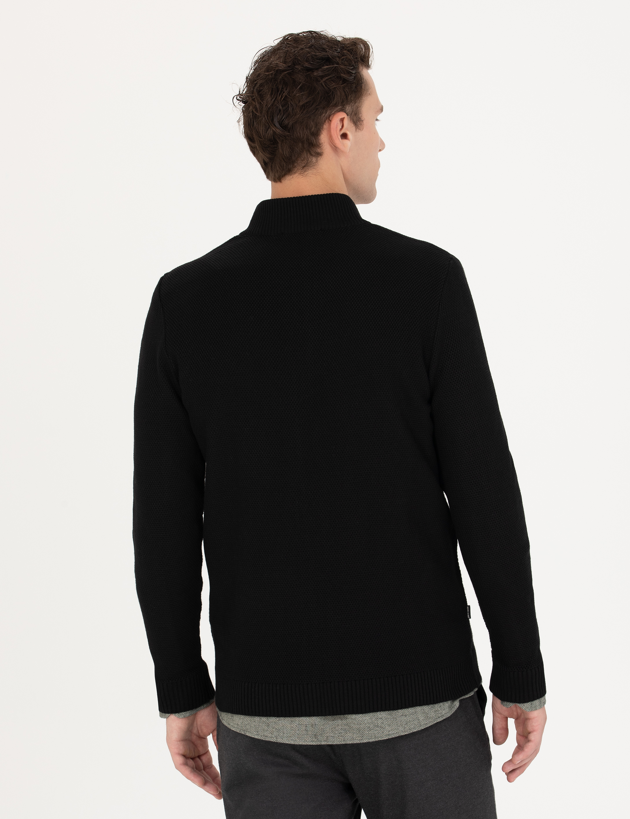 Siyah Slim Fit Yün Karışımlı Fermuarlı Triko Hırka - Image 5