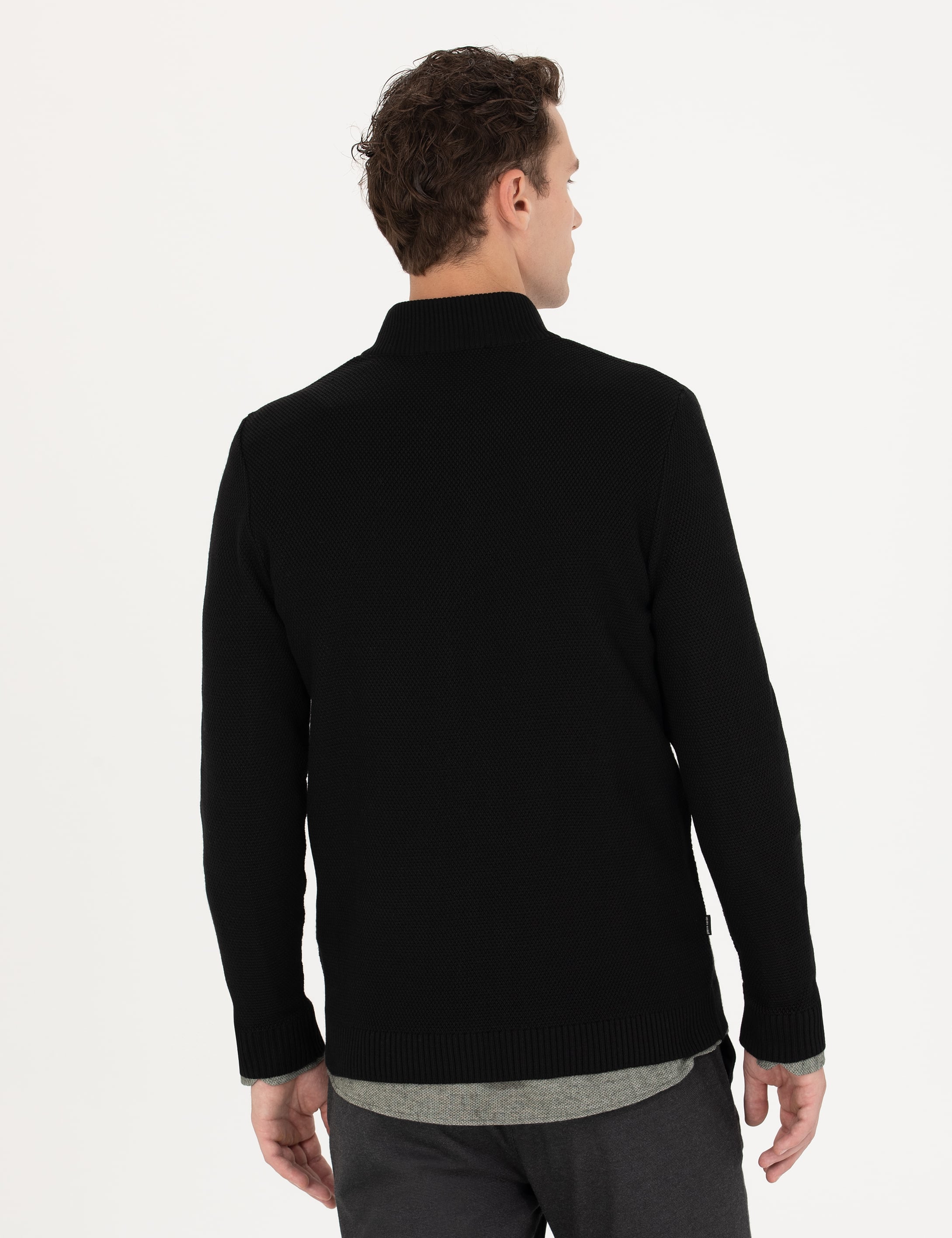Siyah Slim Fit Yün Karışımlı Fermuarlı Triko Hırka
