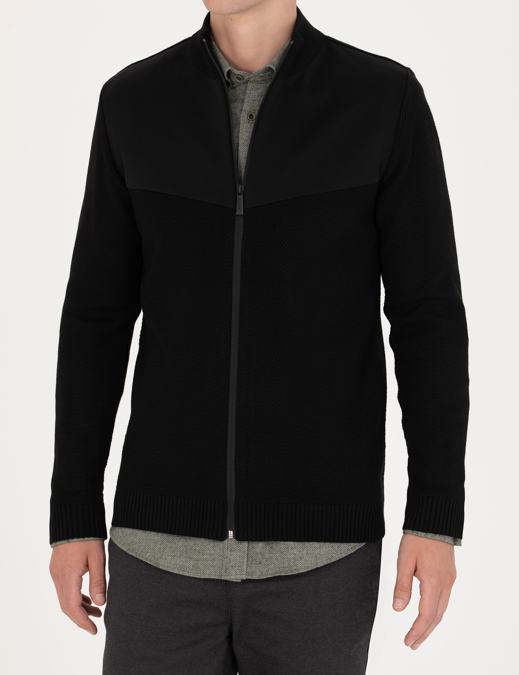 Siyah Slim Fit Yün Karışımlı Fermuarlı Triko Hırka - Image 6
