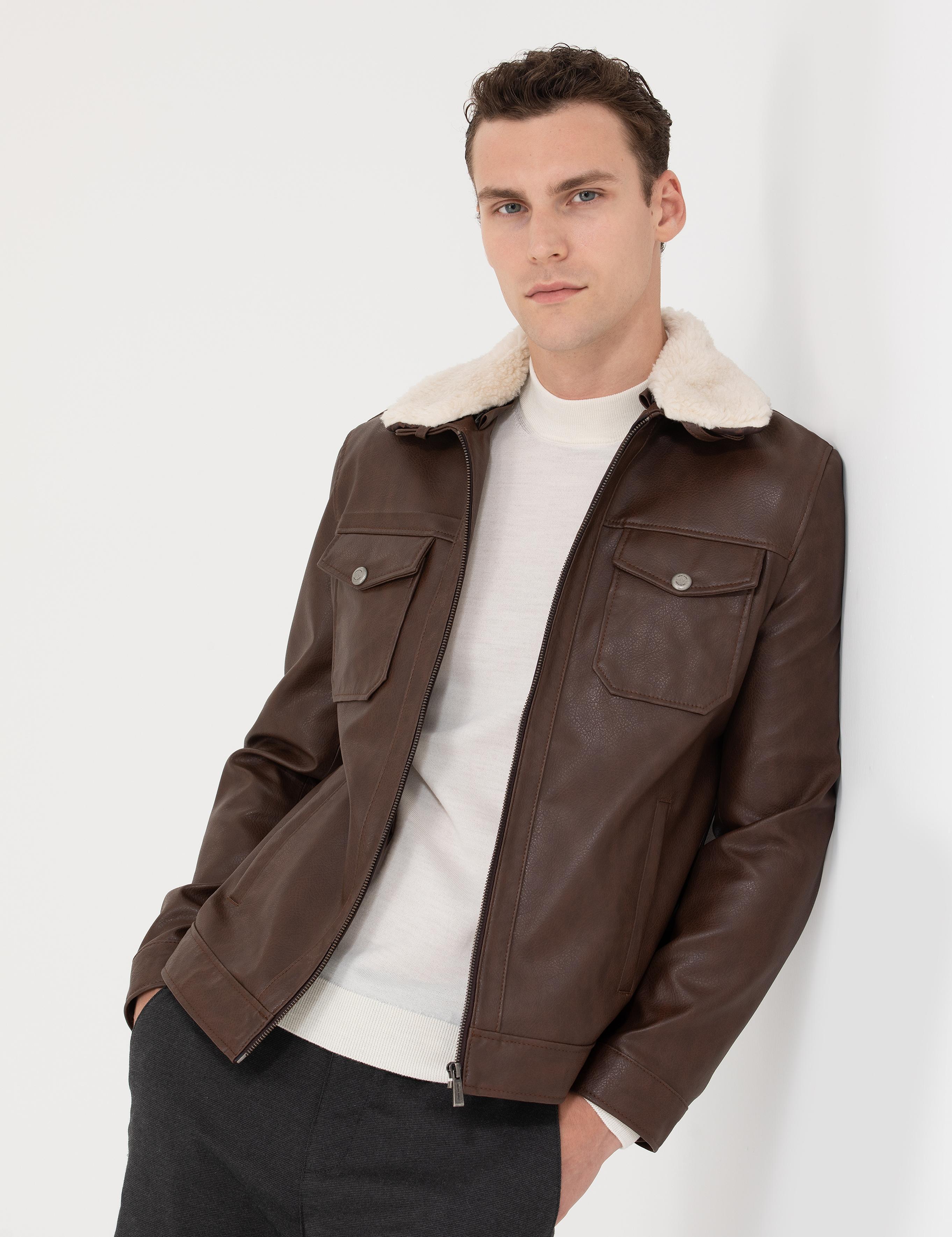 Kahverengi Suni Deri Ceket