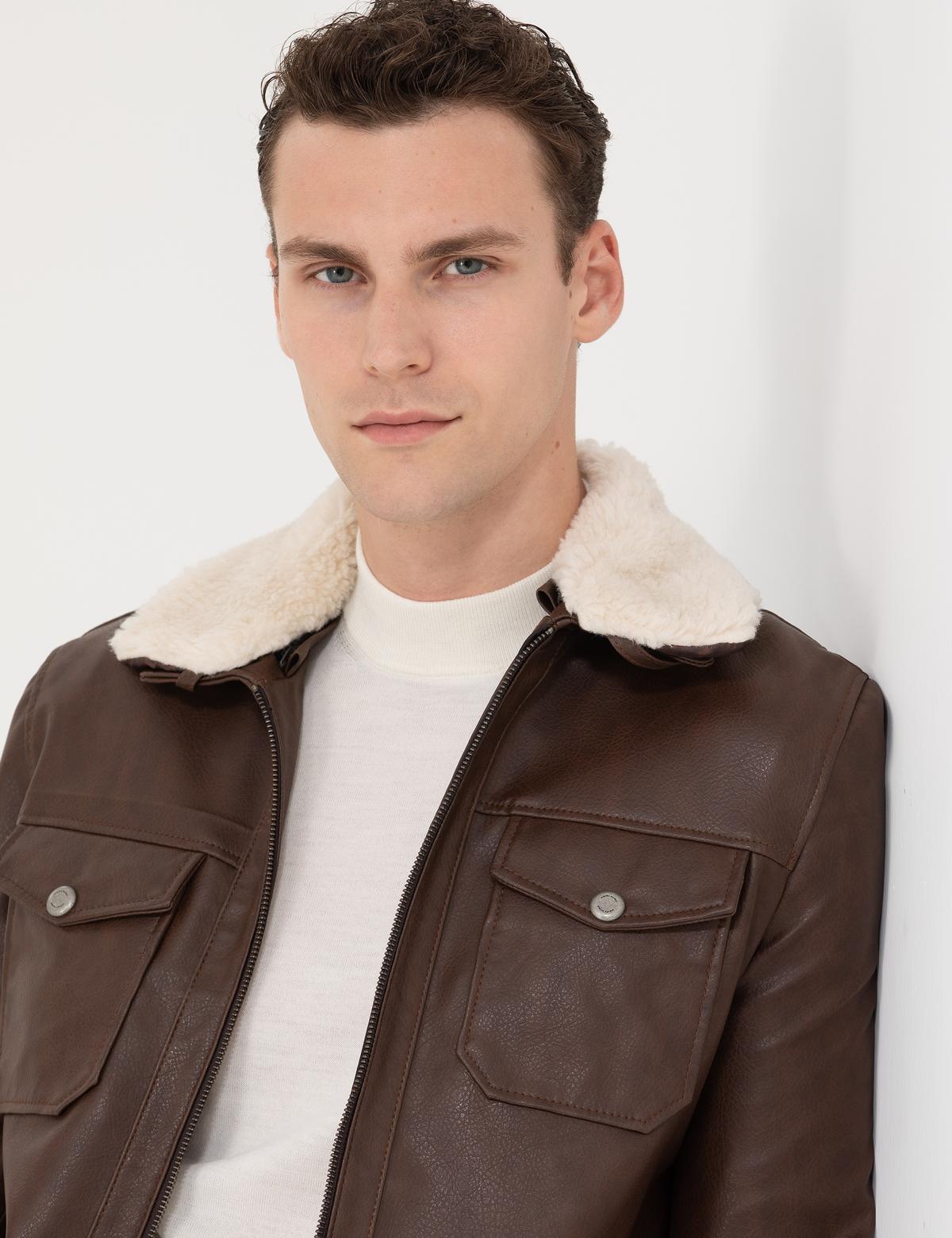 Kahverengi Suni Deri Ceket - 50280244006