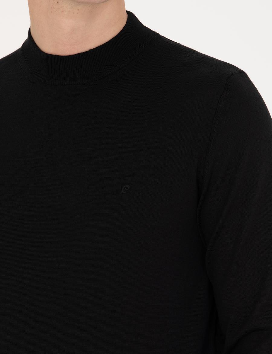 Siyah Regular Fit Çeyrek Yaka Yün Karışımlı Basic Triko Kazak