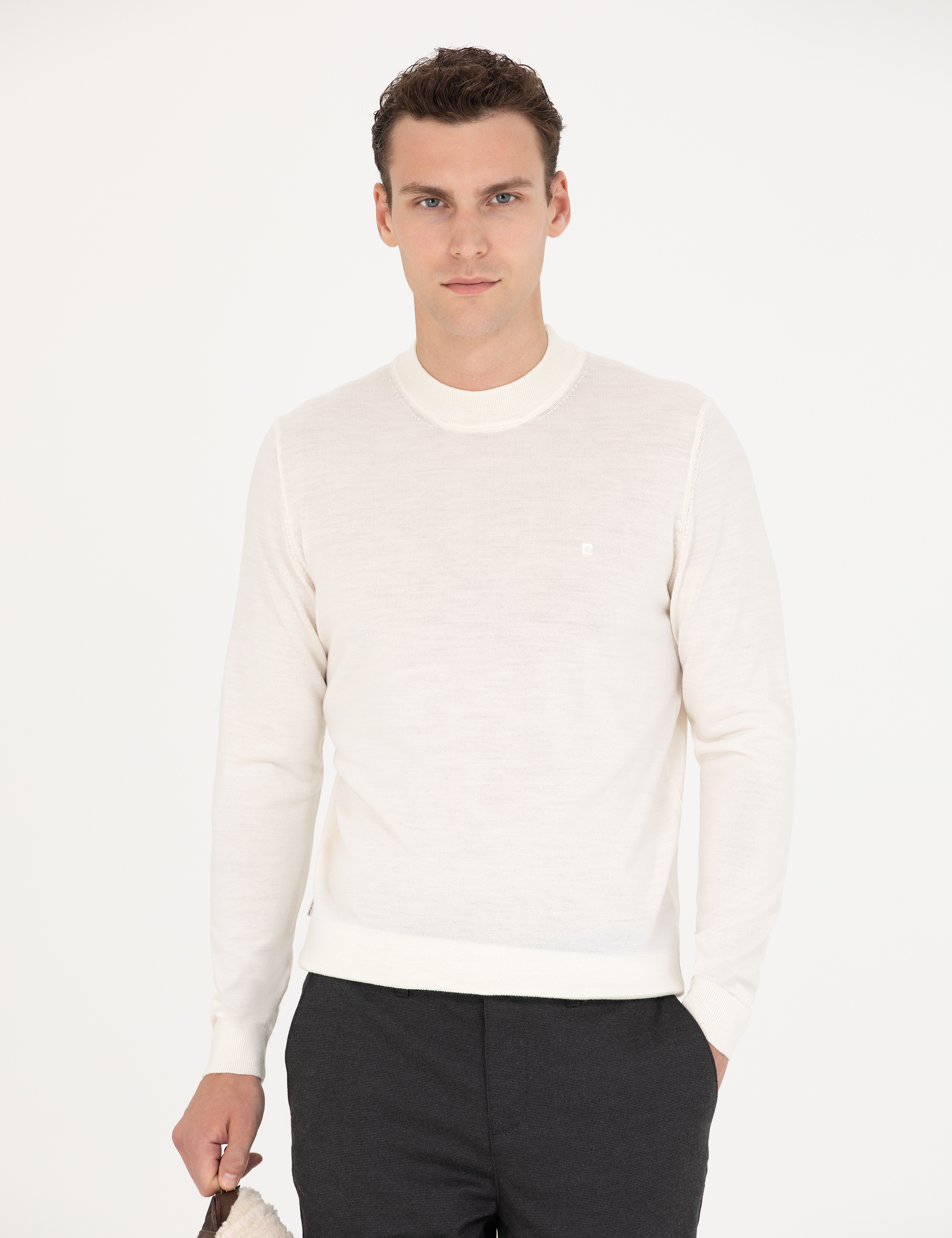 Pierre Cardin Ekru Regular Fit Çeyrek Yaka Yün Karışımlı Basic Triko Kazak görsel 3