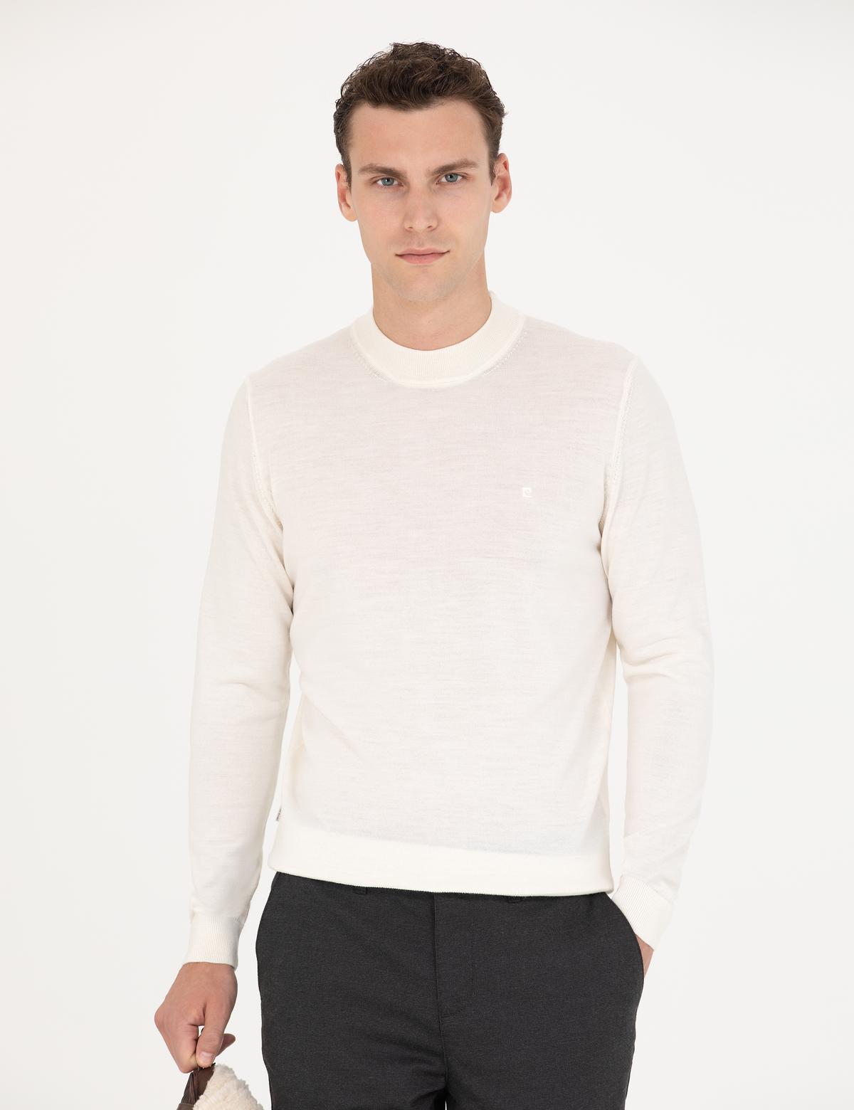 Ekru Regular Fit Çeyrek Yaka Yün Karışımlı Basic Triko Kazak - 50270049013