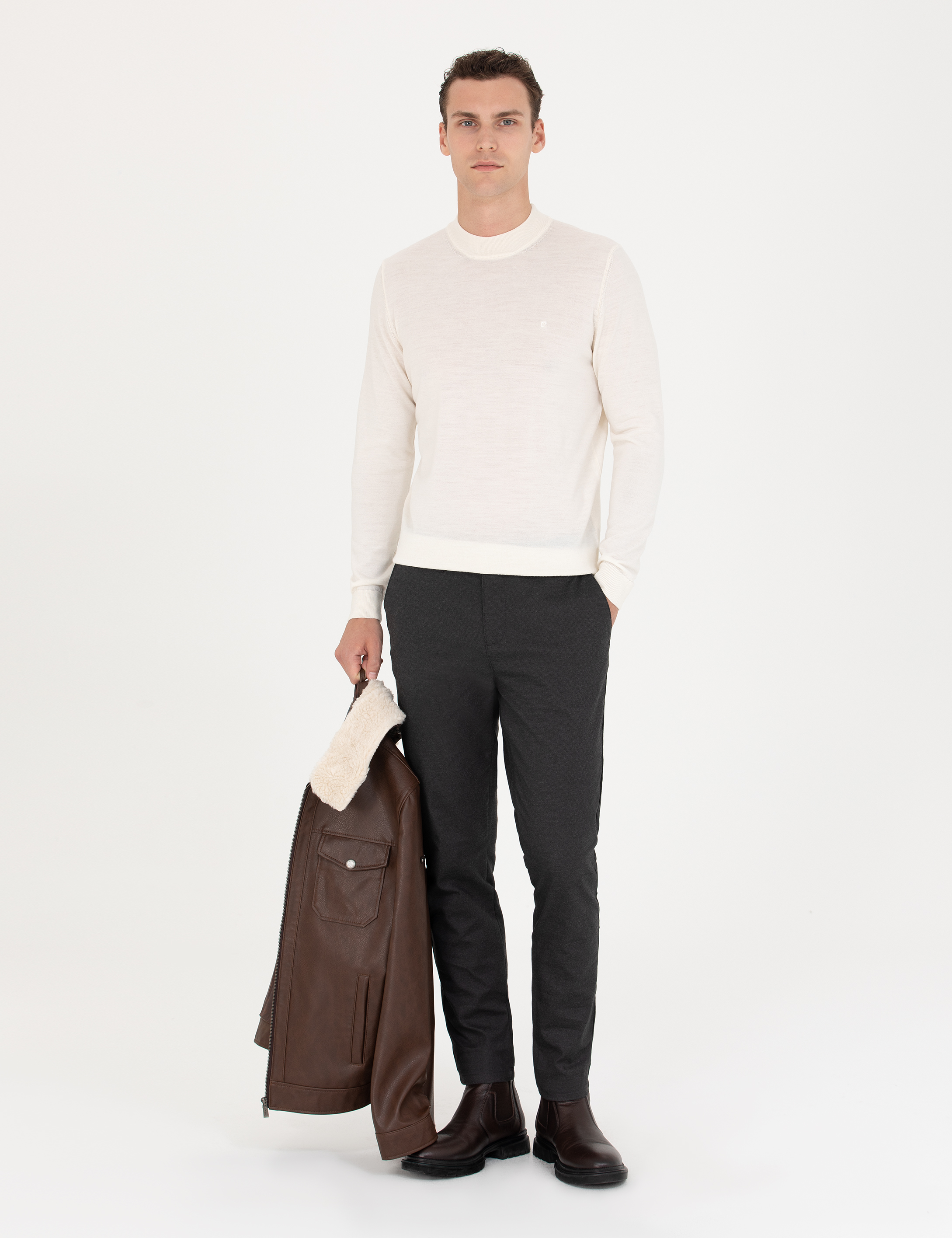 Pierre Cardin Ekru Regular Fit Çeyrek Yaka Yün Karışımlı Basic Triko Kazak görsel 4