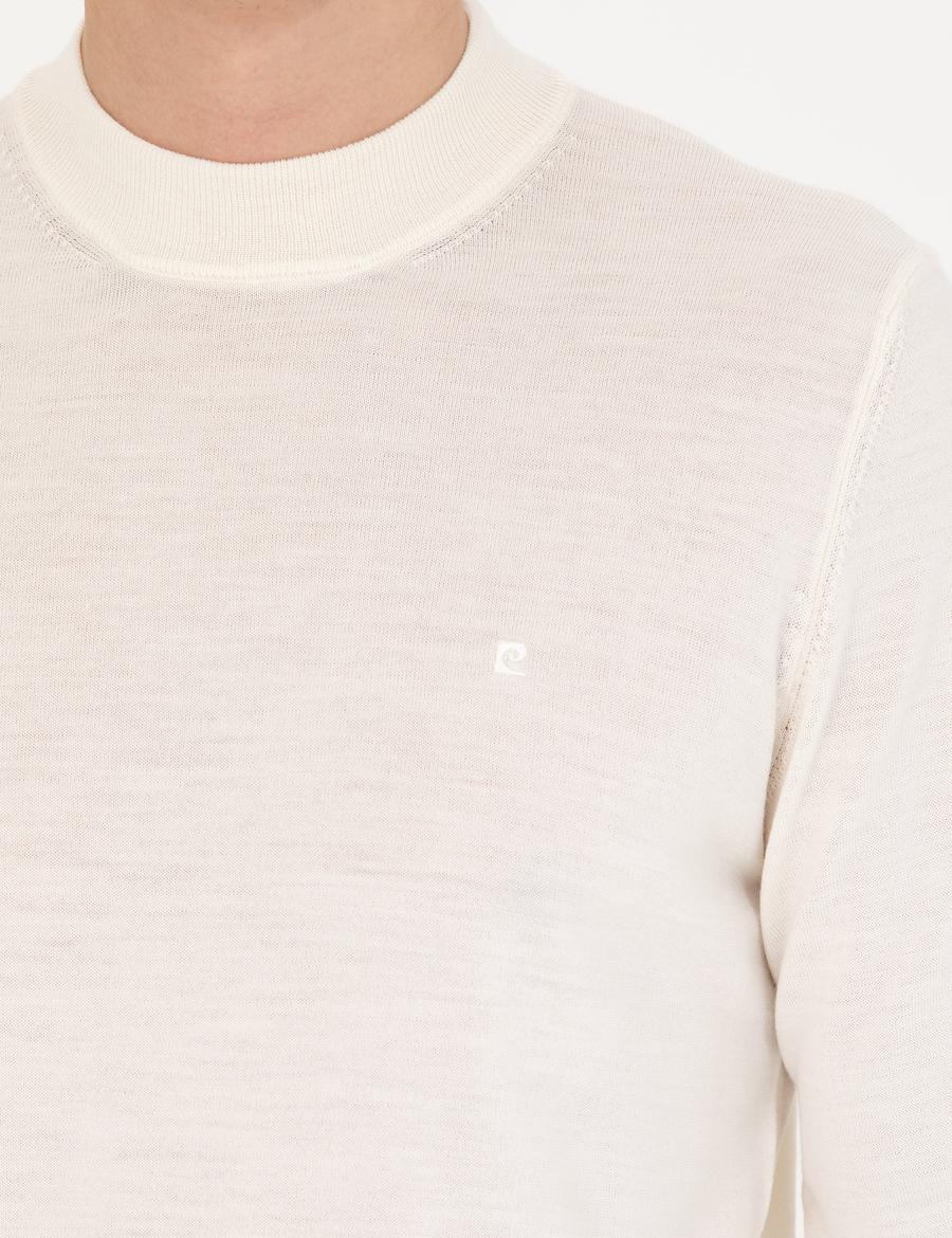 Ekru Regular Fit Çeyrek Yaka Yün Karışımlı Basic Triko Kazak