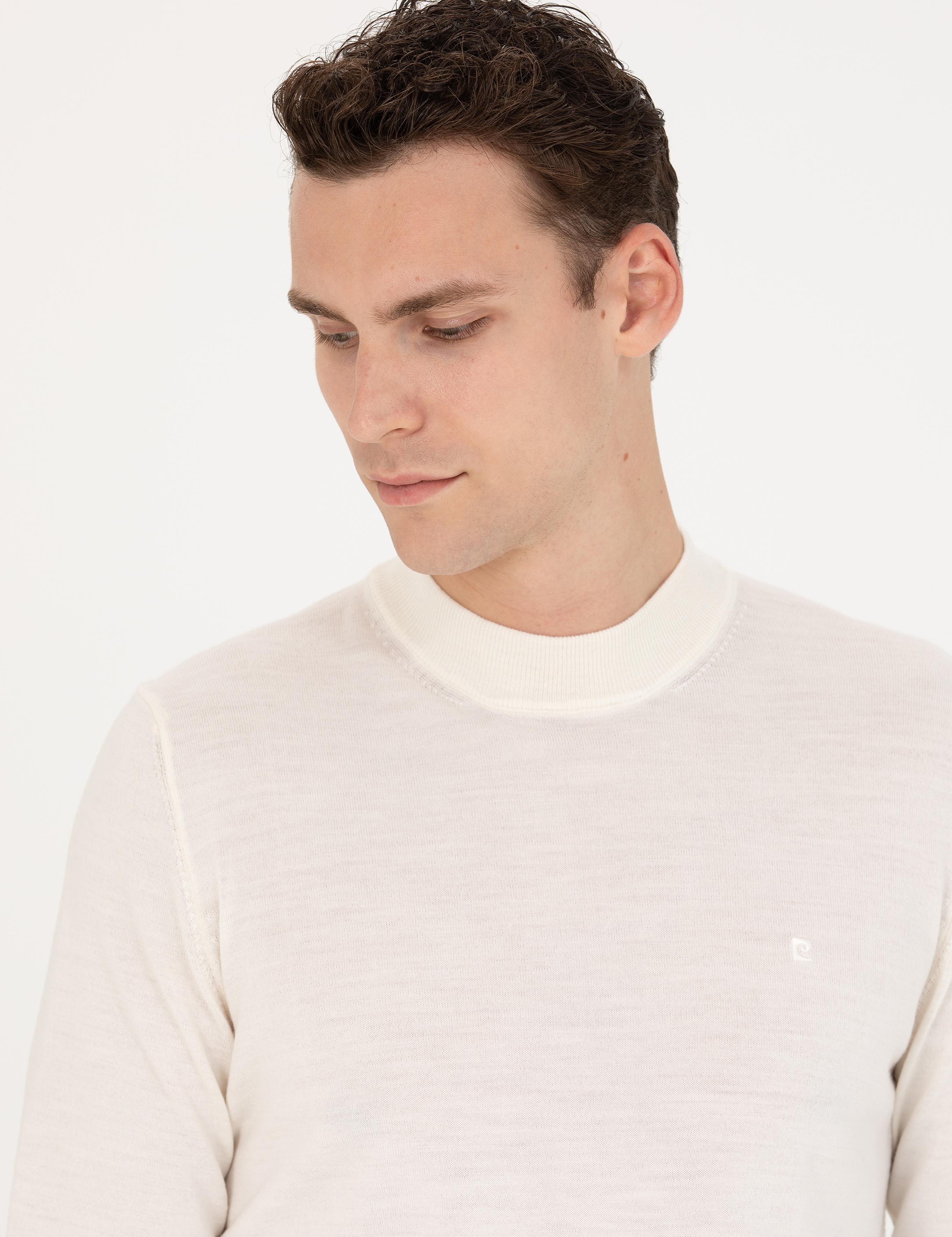 Ekru Regular Fit Çeyrek Yaka Yün Karışımlı Basic Triko Kazak
