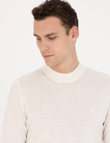 Ekru Regular Fit Çeyrek Yaka Yün Karışımlı Basic Triko Kazak