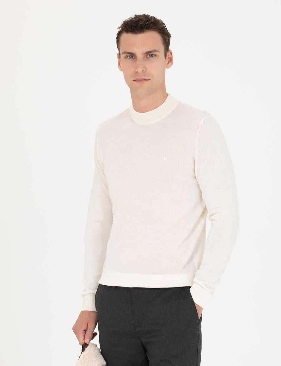 Ekru Regular Fit Çeyrek Yaka Yün Karışımlı Basic Triko Kazak