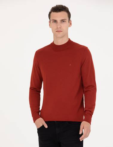 Kiremit Regular Fit Çeyrek Yaka Yün Karışımlı Basic Triko Kazak