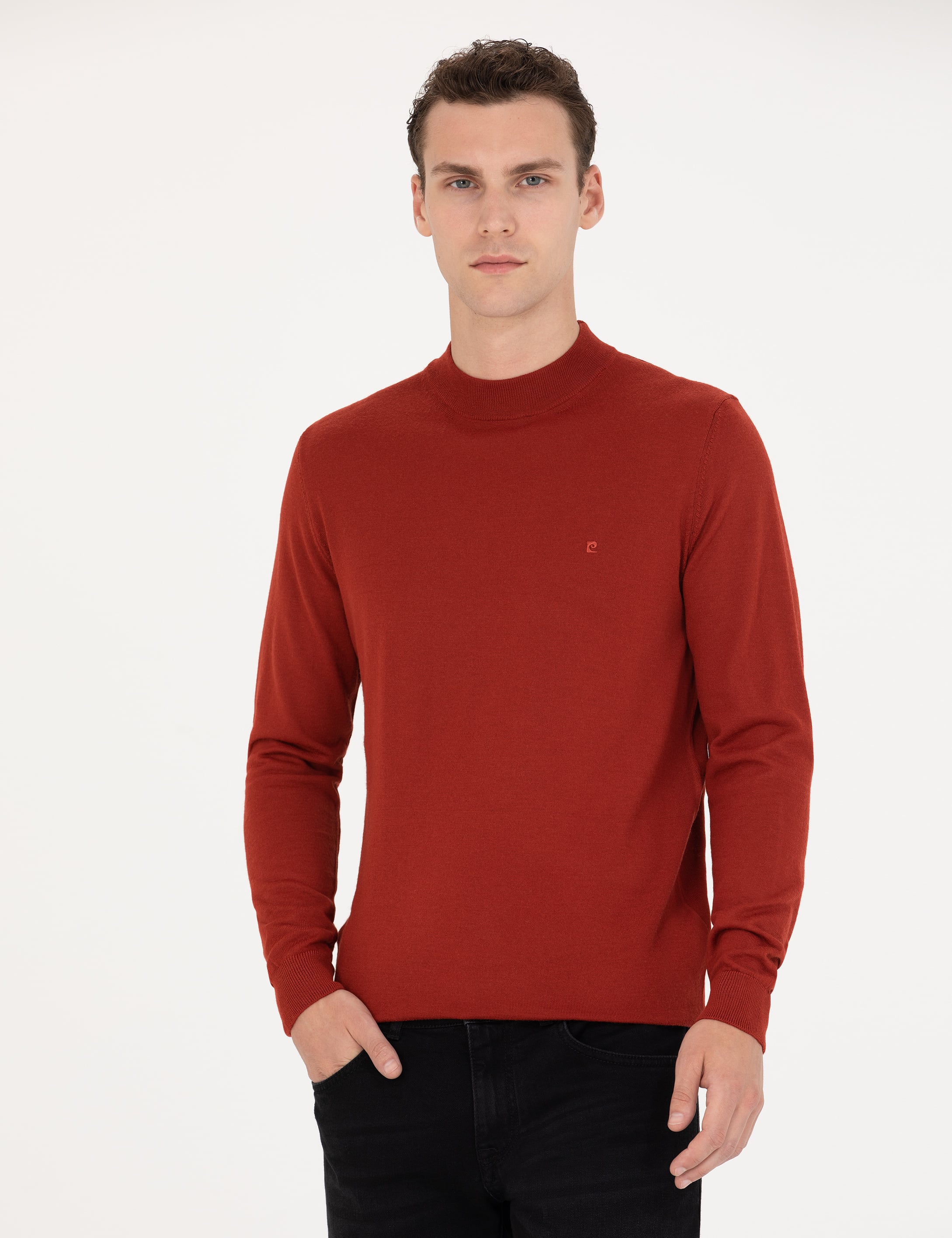 Kiremit Regular Fit Çeyrek Yaka Yün Karışımlı Basic Triko Kazak
