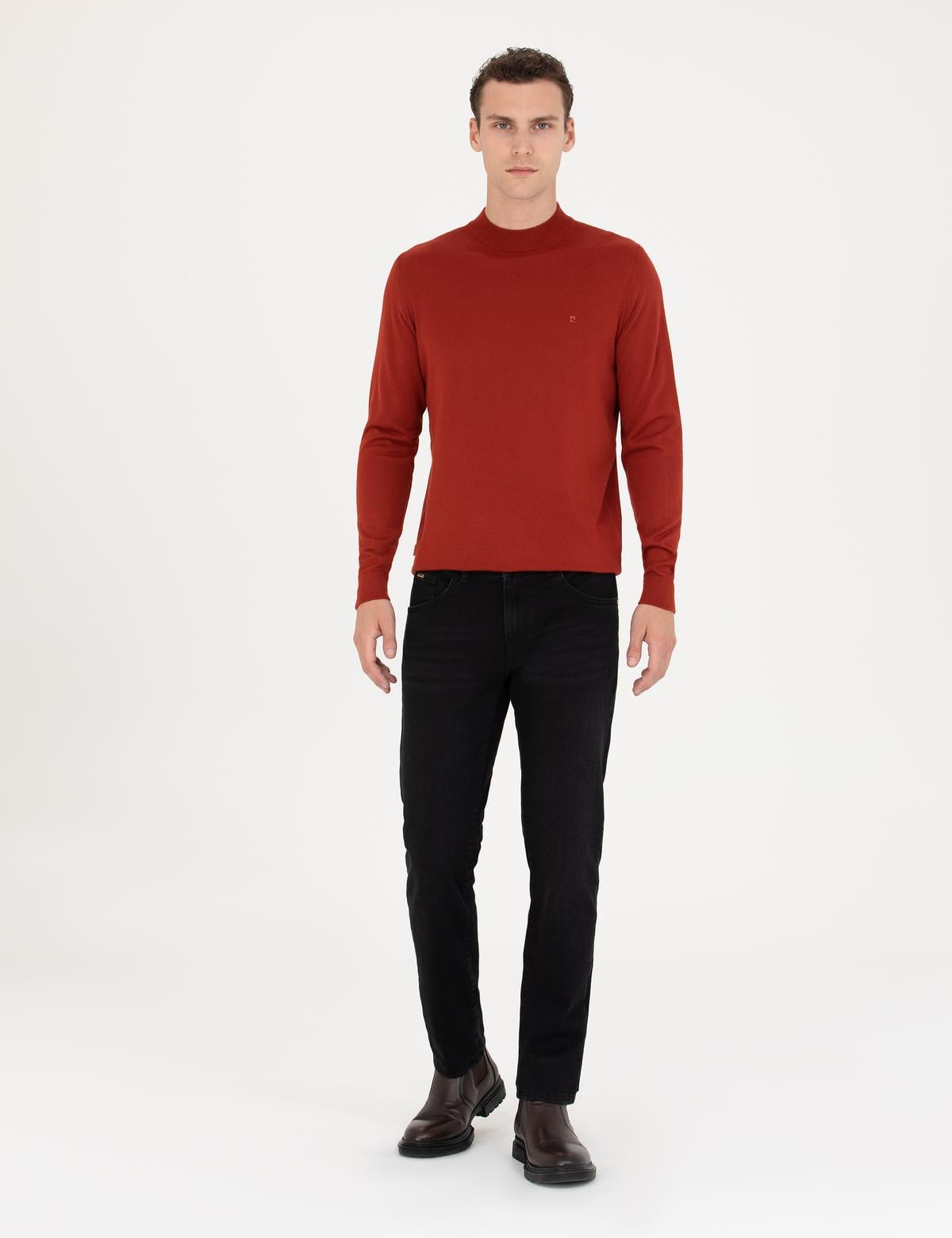 Kiremit Regular Fit Çeyrek Yaka Yün Karışımlı Basic Triko Kazak - 50270049041