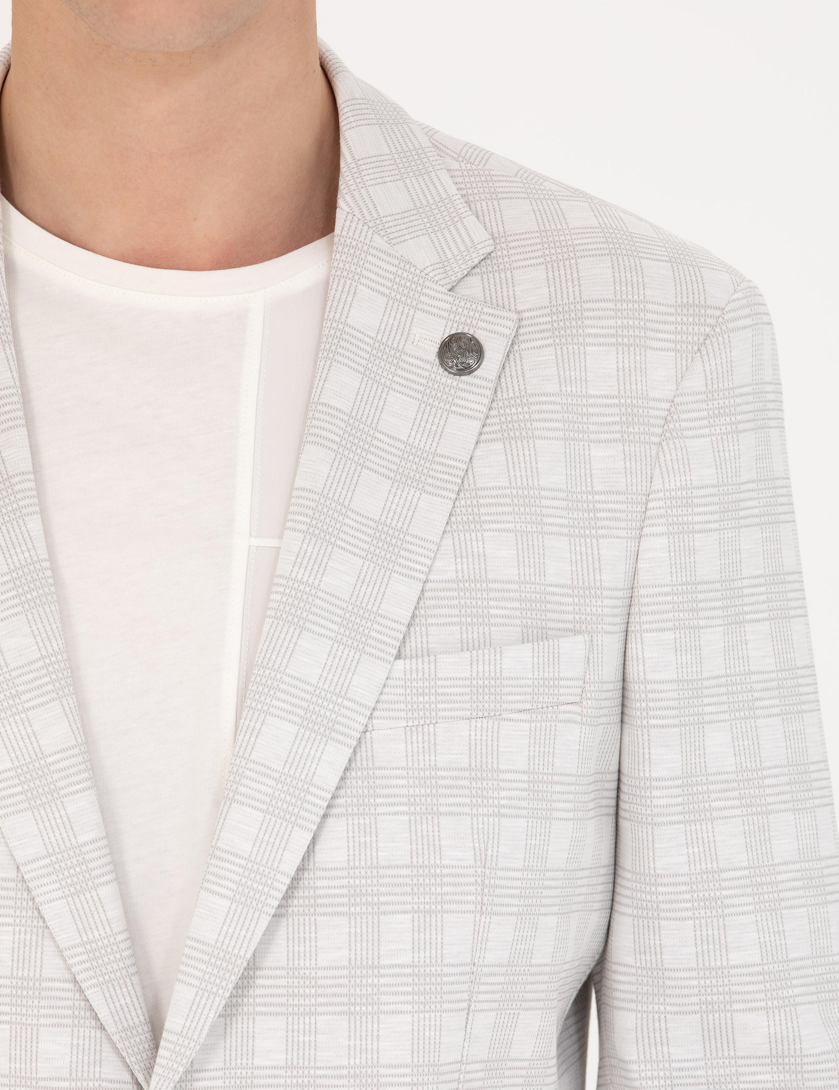 Açık Gri Pamuk Karışımlı Slim Fit Ekose Ceket