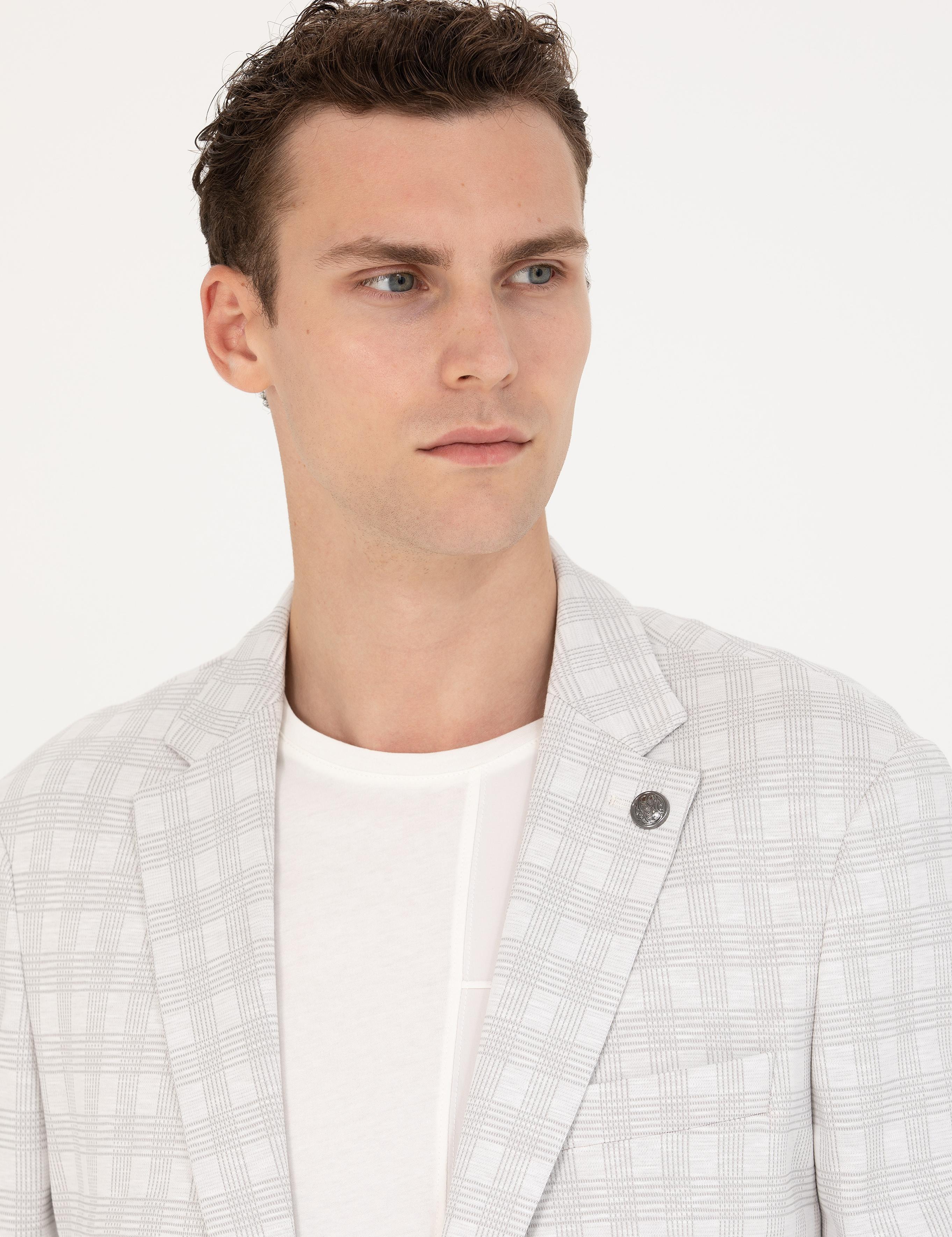 Açık Gri Pamuk Karışımlı Slim Fit Ekose Ceket