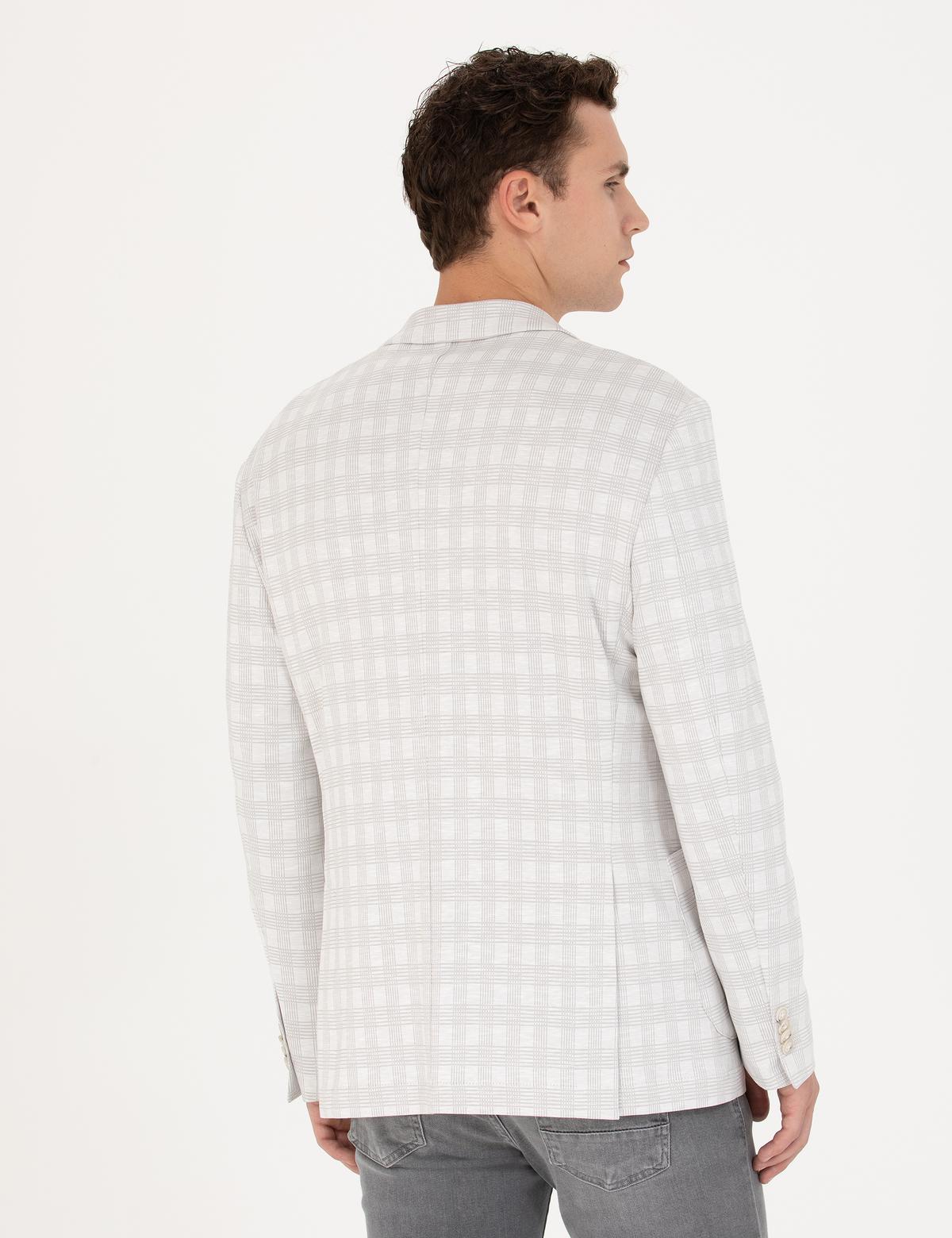 Açık Gri Pamuk Karışımlı Slim Fit Ekose Ceket - 50267015011