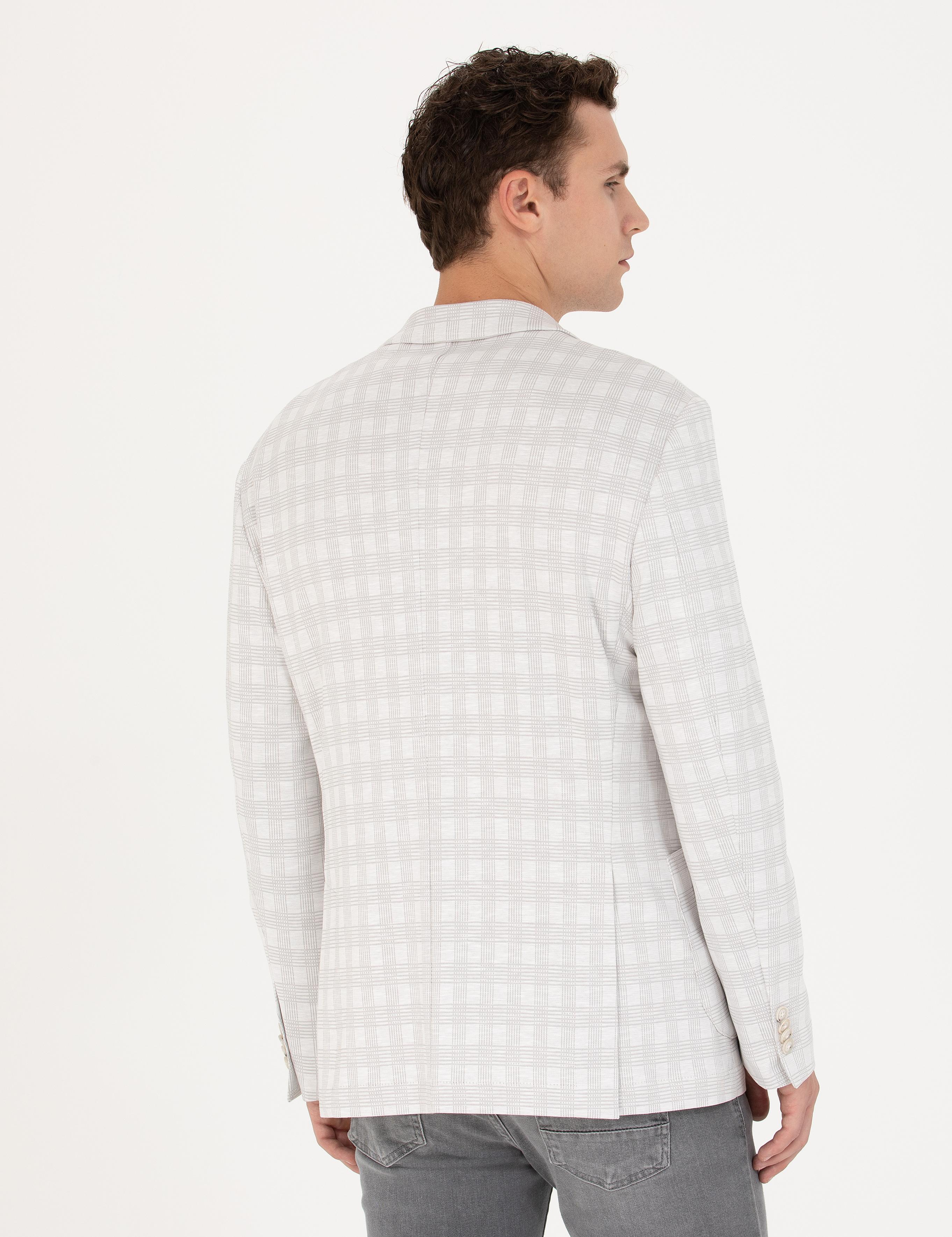 Açık Gri Pamuk Karışımlı Slim Fit Ekose Ceket