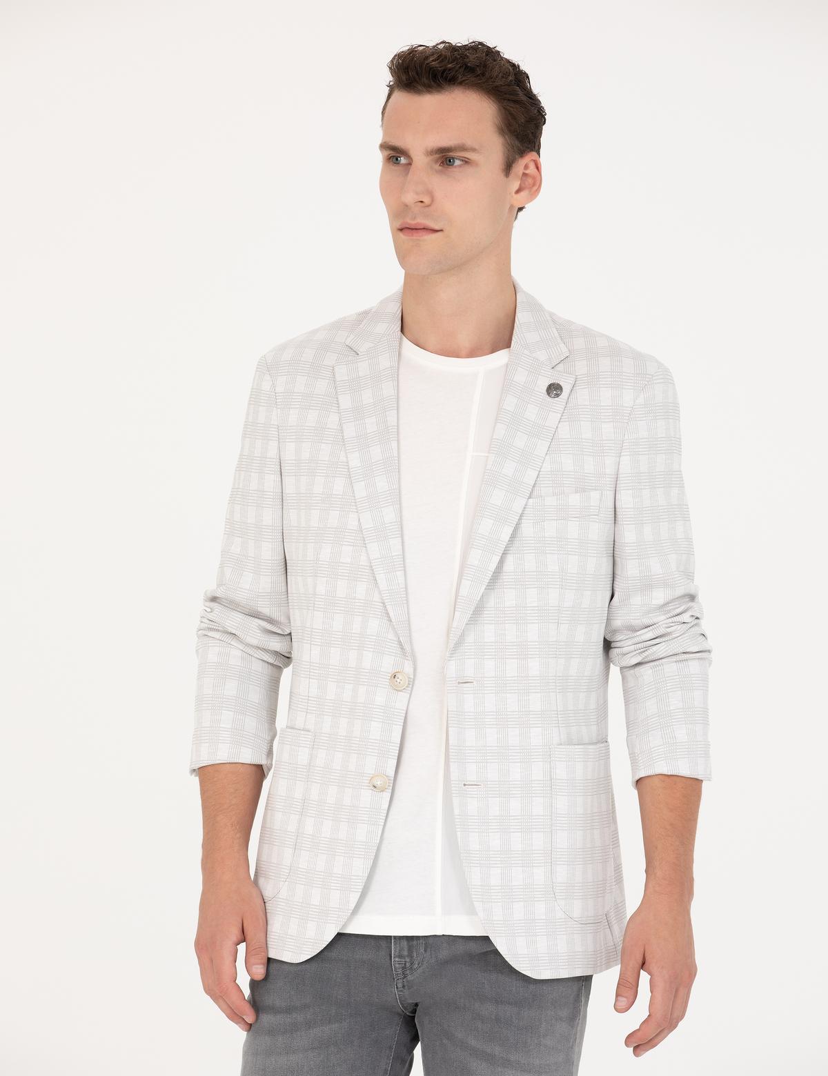 Açık Gri Pamuk Karışımlı Slim Fit Ekose Ceket - 50267015011