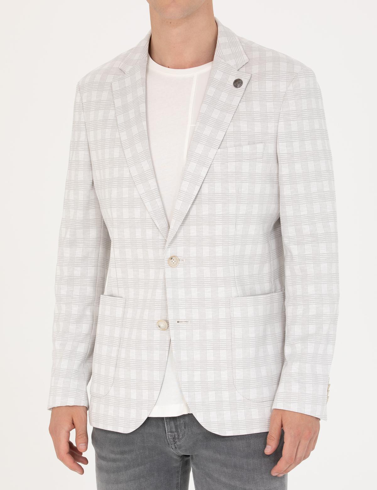 Açık Gri Pamuk Karışımlı Slim Fit Ekose Ceket - 50267015011