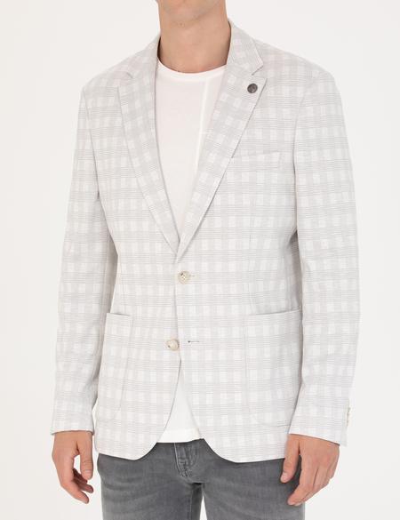 Açık Gri Pamuk Karışımlı Slim Fit Ekose Ceket - 50267015011