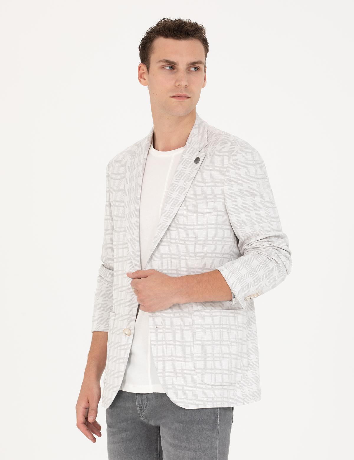 Açık Gri Pamuk Karışımlı Slim Fit Ekose Ceket