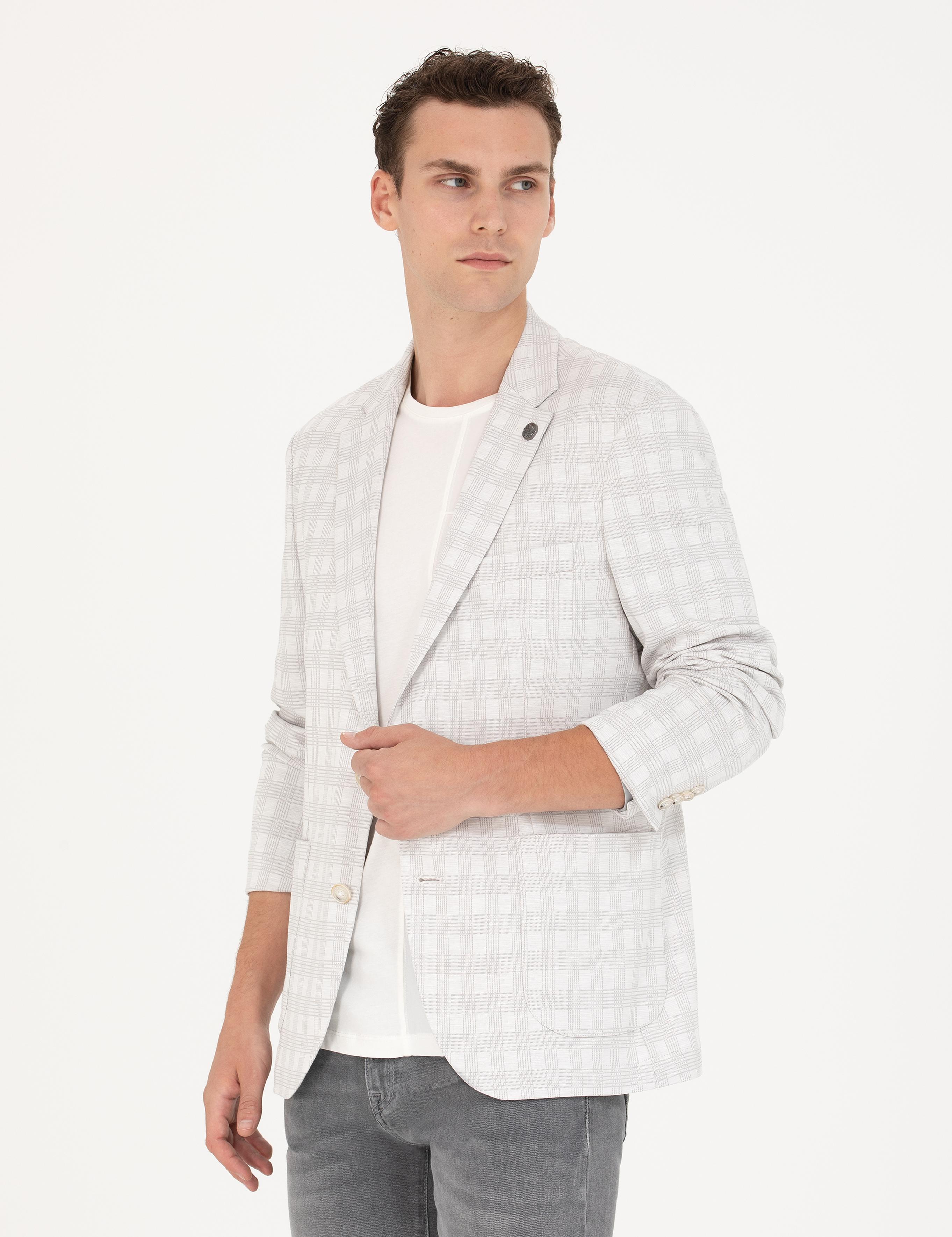 Açık Gri Pamuk Karışımlı Slim Fit Ekose Ceket