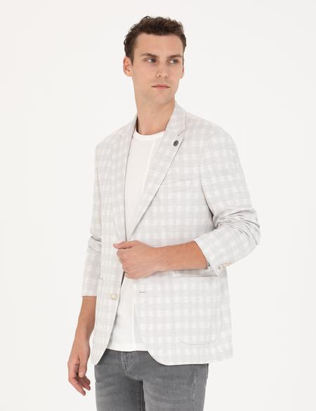 Açık Gri Pamuk Karışımlı Slim Fit Ekose Ceket - 50267015011