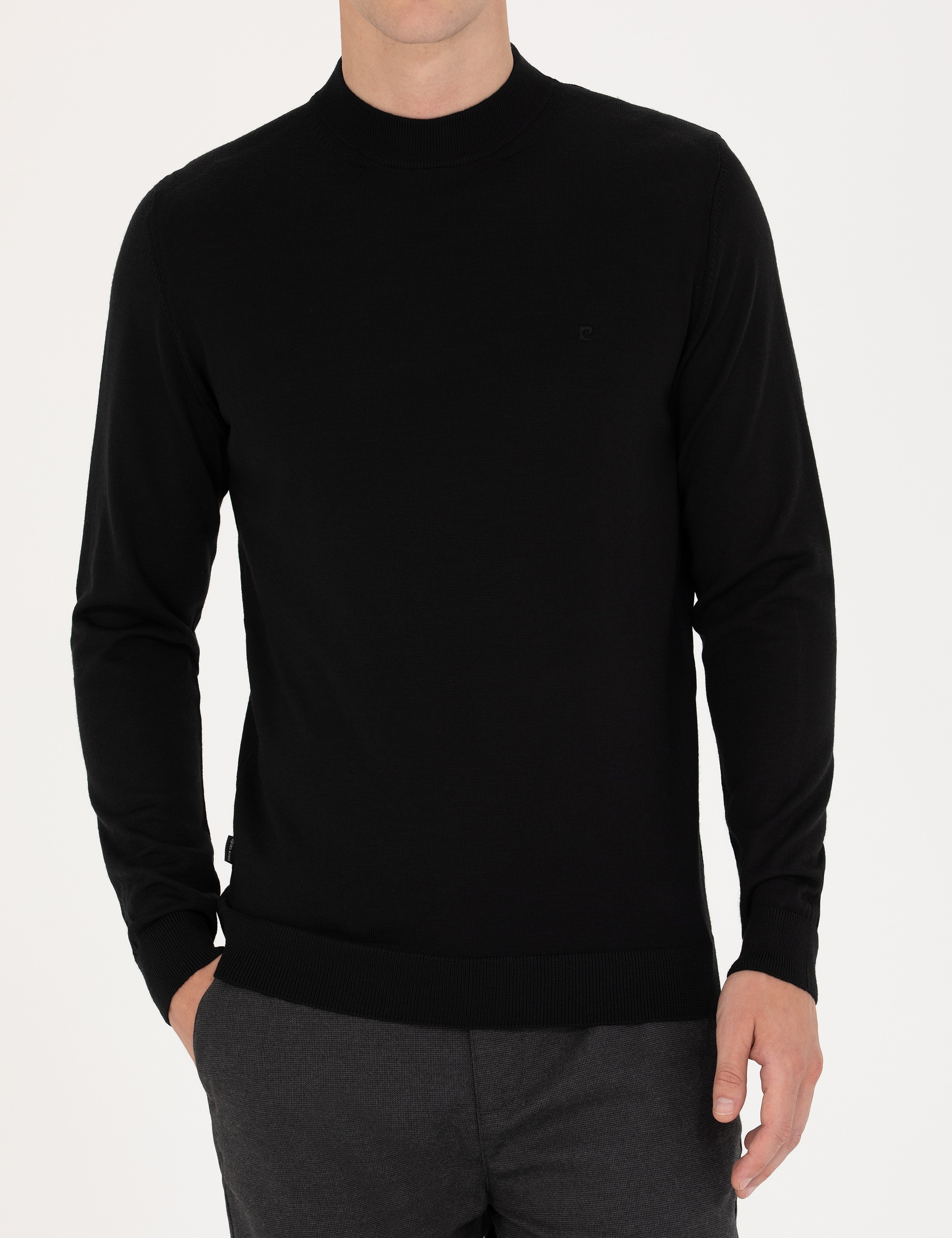 Siyah Regular Fit Çeyrek Yaka Yün Karışımlı Basic Triko Kazak - Image 6