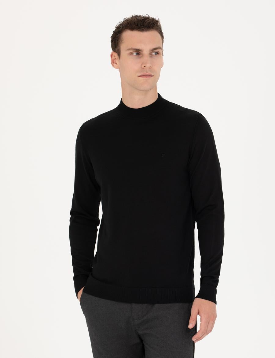 Siyah Regular Fit Çeyrek Yaka Yün Karışımlı Basic Triko Kazak