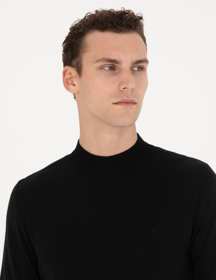 Siyah Regular Fit Çeyrek Yaka Yün Karışımlı Basic Triko Kazak