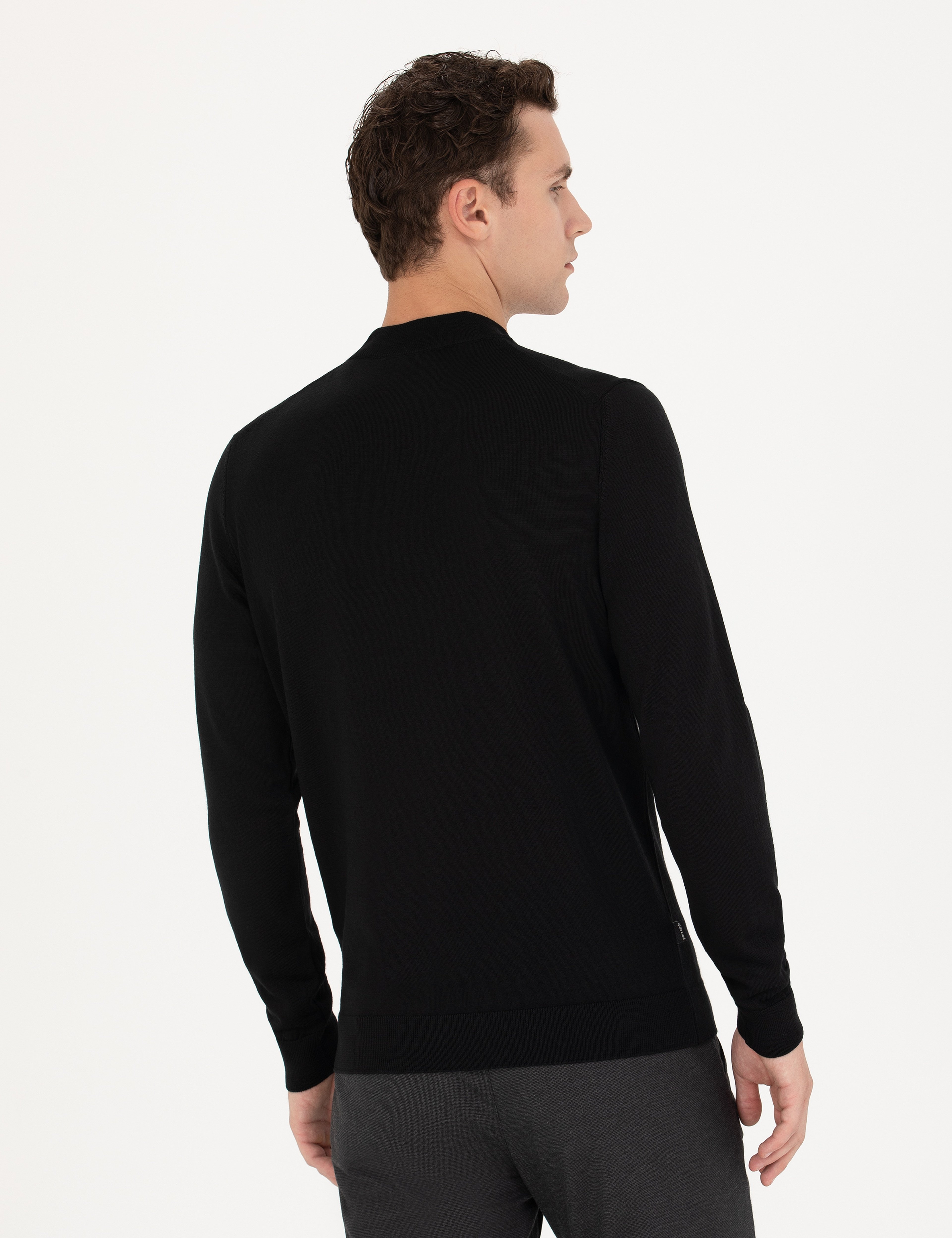 Siyah Regular Fit Çeyrek Yaka Yün Karışımlı Basic Triko Kazak - Image 5