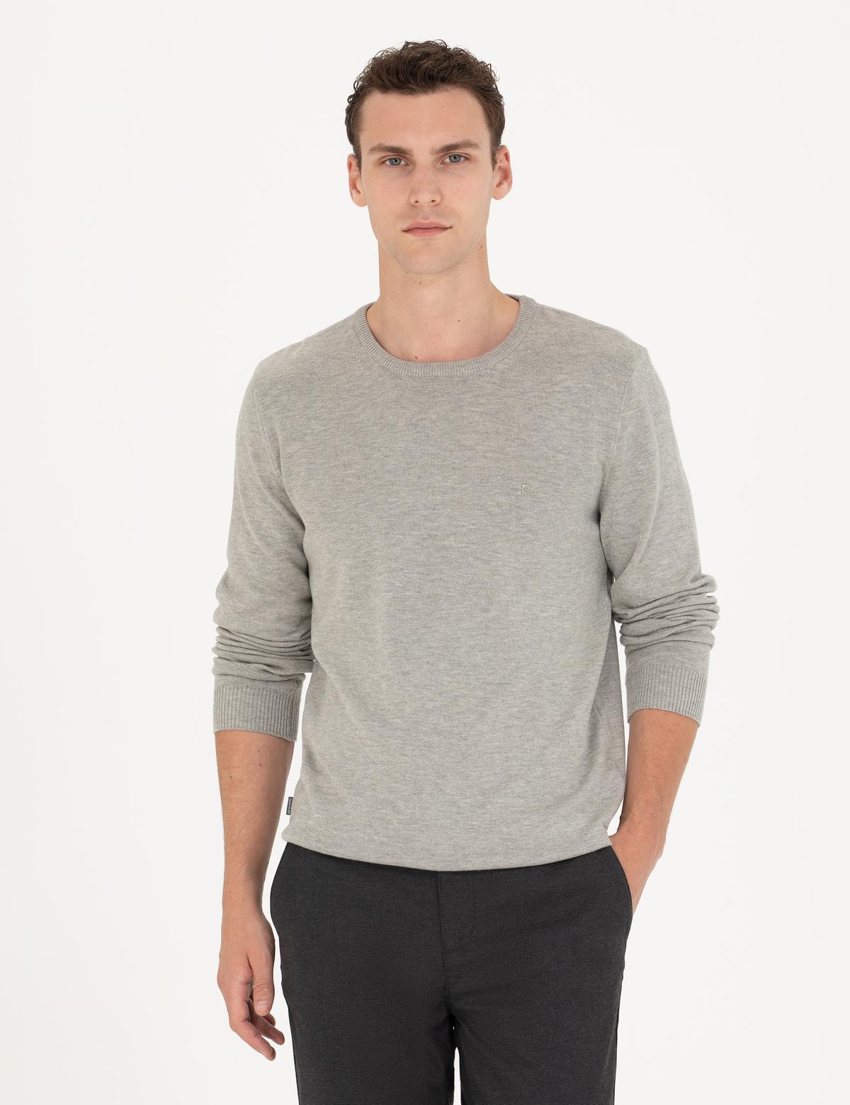 Açık Gri Melanj Slim Fit Bisiklet Yaka Basic Triko Kazak