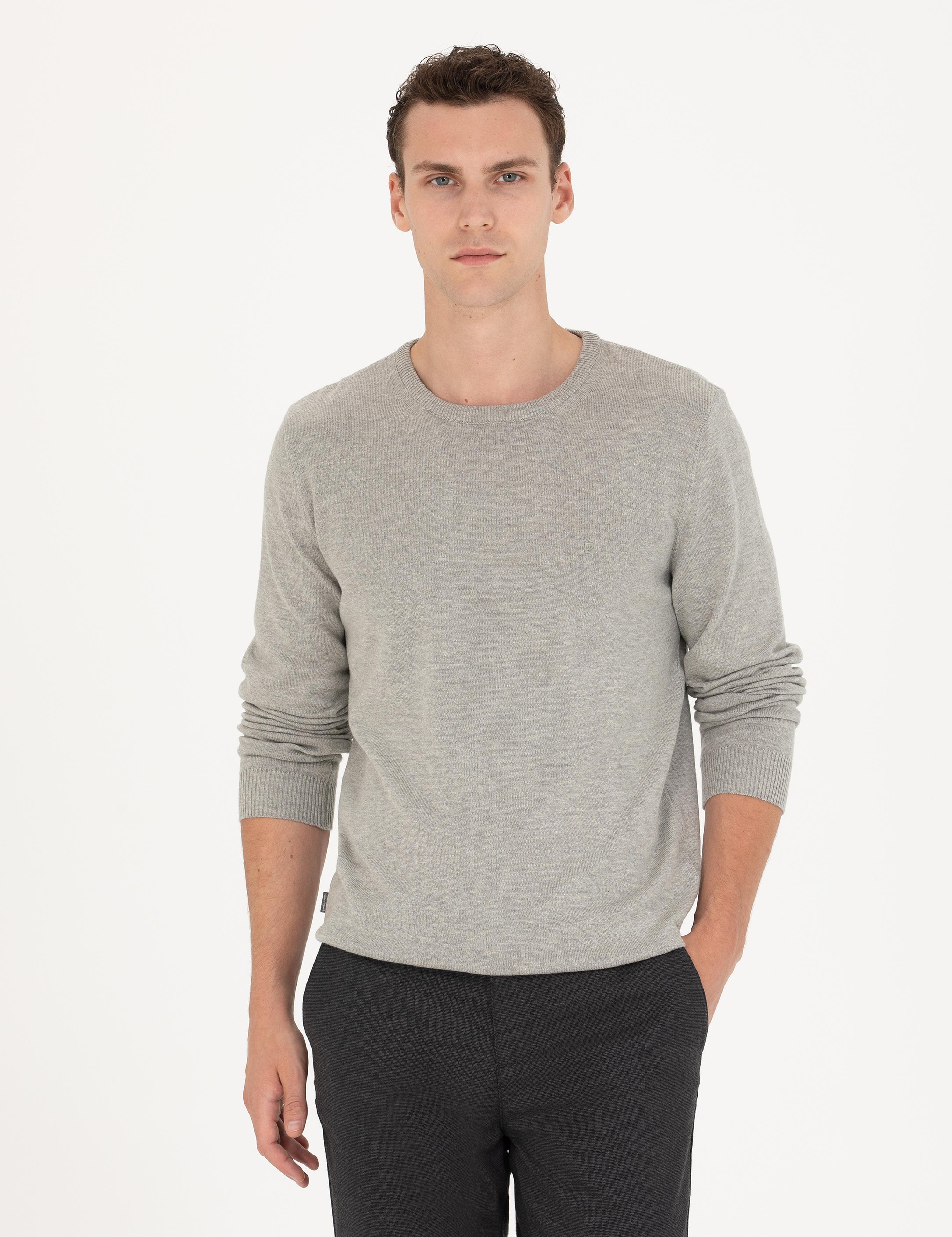 Açık Gri Melanj Slim Fit Bisiklet Yaka Basic Triko Kazak