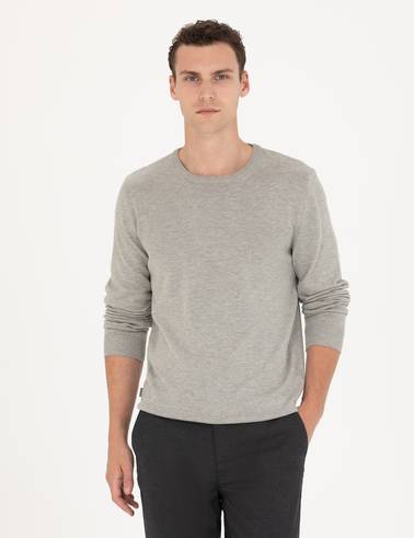 Açık Gri Melanj Slim Fit Bisiklet Yaka Basic Triko Kazak