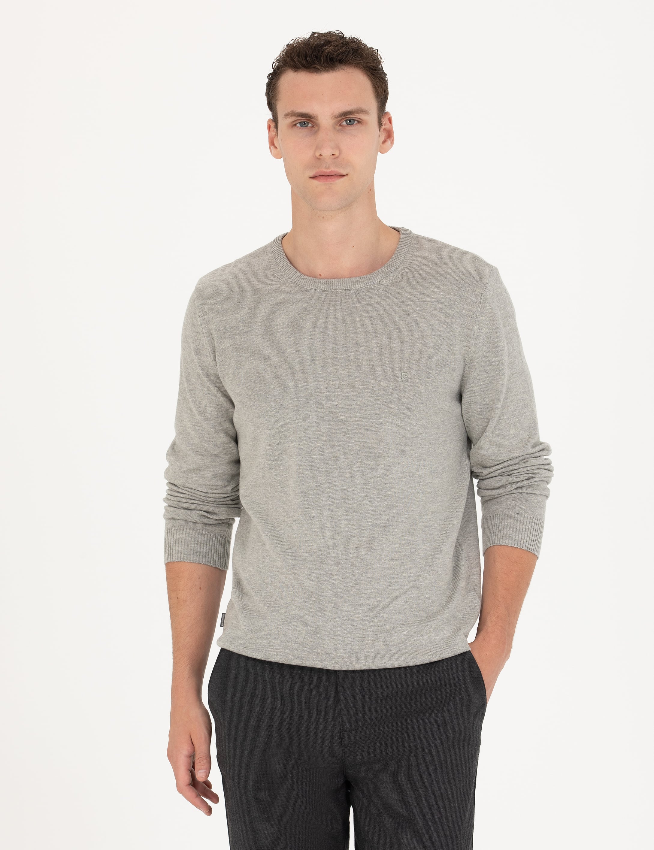 Açık Gri Melanj Slim Fit Bisiklet Yaka Basic Triko Kazak - Image 1