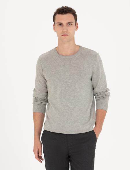 Açık Gri Melanj Slim Fit Bisiklet Yaka Basic Triko Kazak - 50270179266